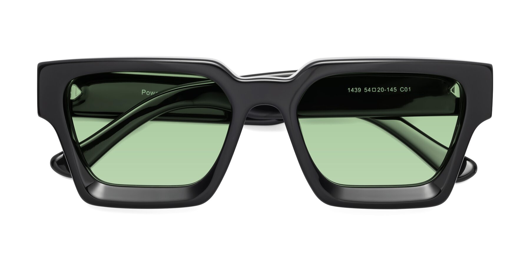 Folded Front of Powers in Black with Medium Green Tinted Lenses