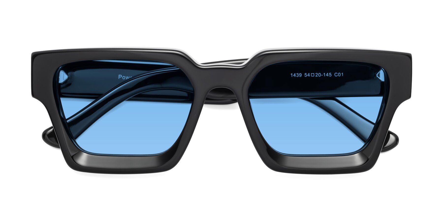 Folded Front of Powers in Black with Medium Blue Tinted Lenses