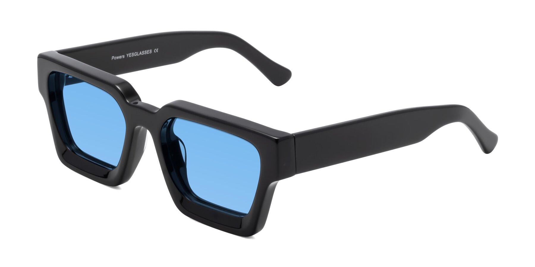 Angle of Powers in Black with Medium Blue Tinted Lenses