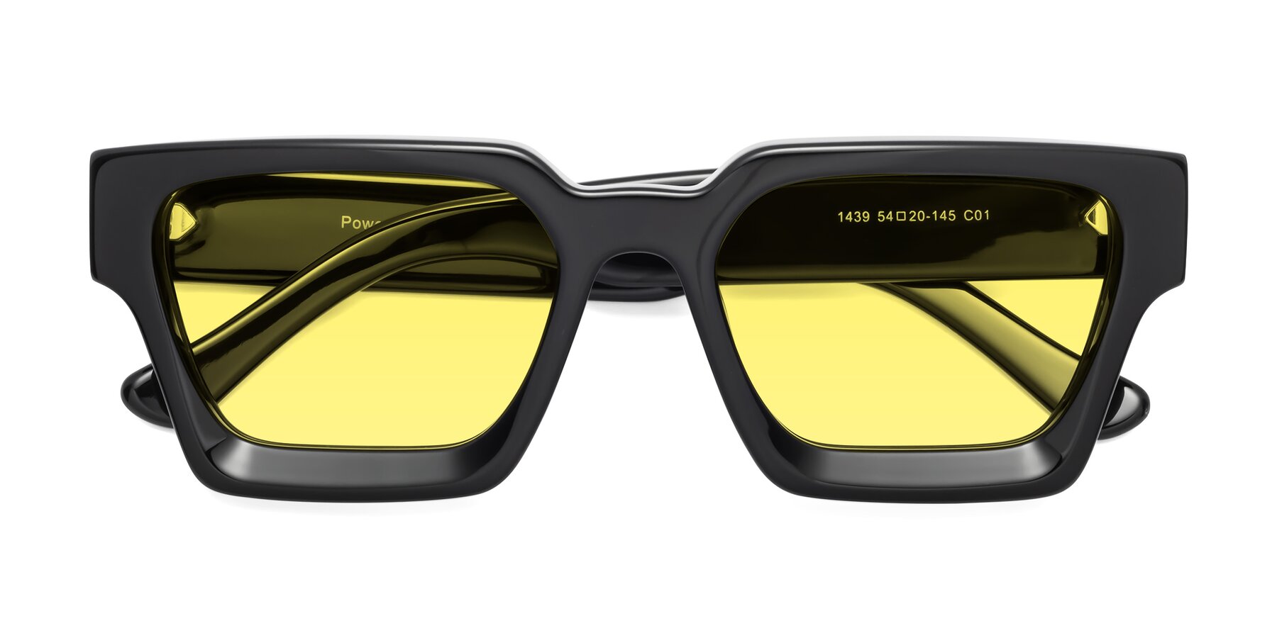 Folded Front of Powers in Black with Medium Yellow Tinted Lenses