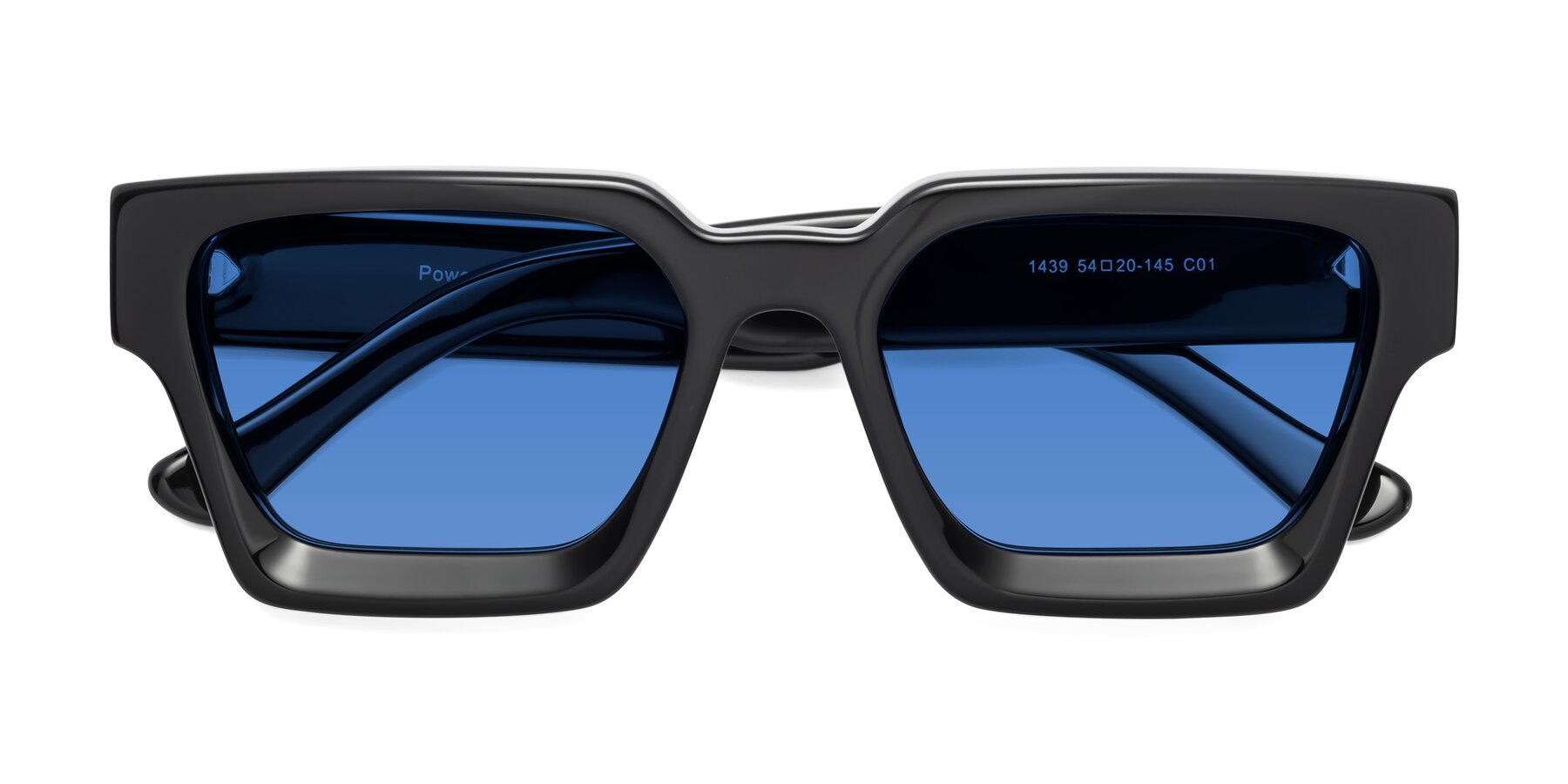Folded Front of Powers in Black with Blue Tinted Lenses