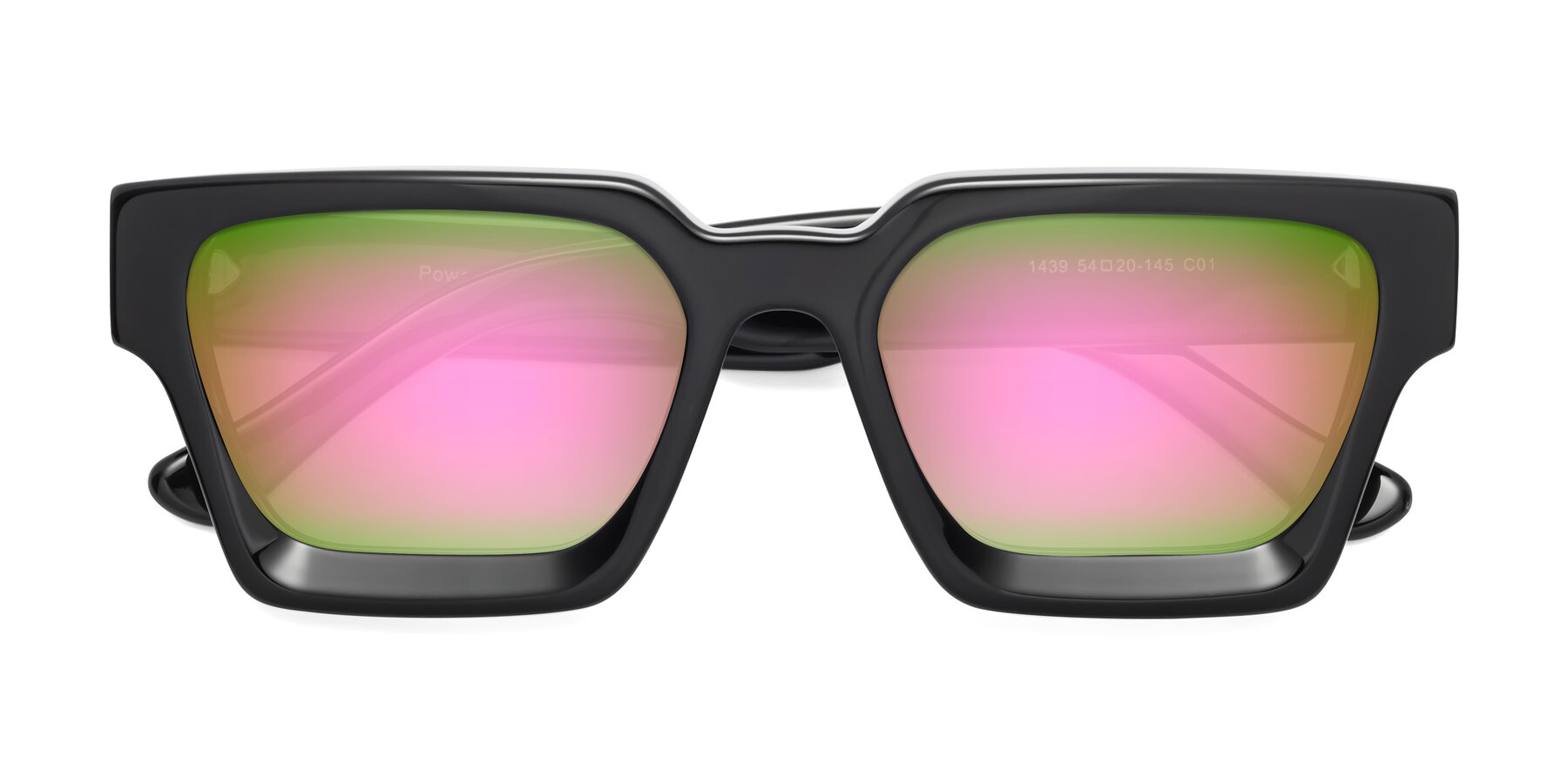 Folded Front of Powers in Black with Pink Mirrored Lenses