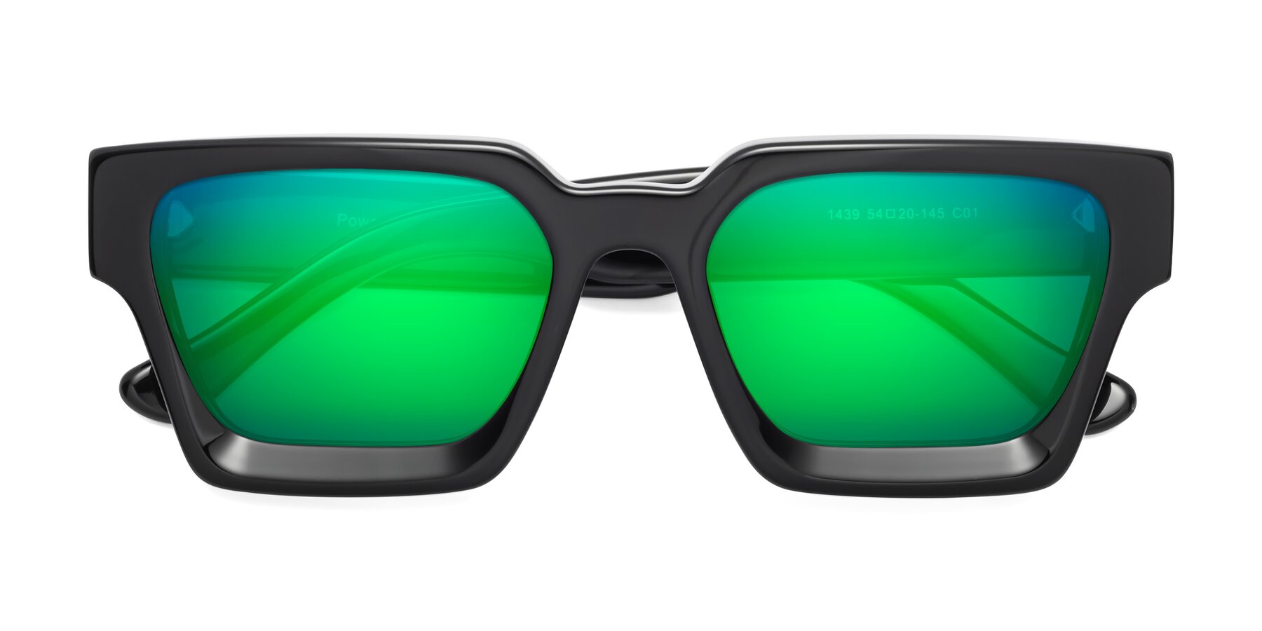 Folded Front of Powers in Black with Green Mirrored Lenses