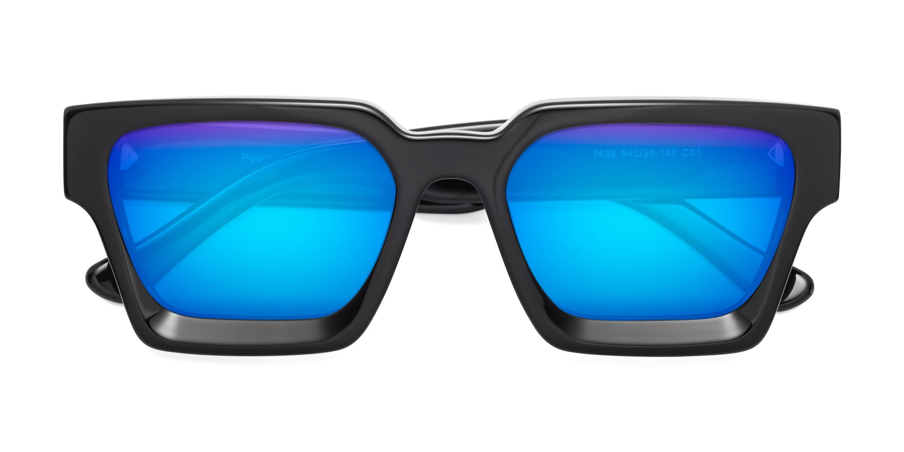 Folded Front of Powers in Black with Blue Mirrored Lenses