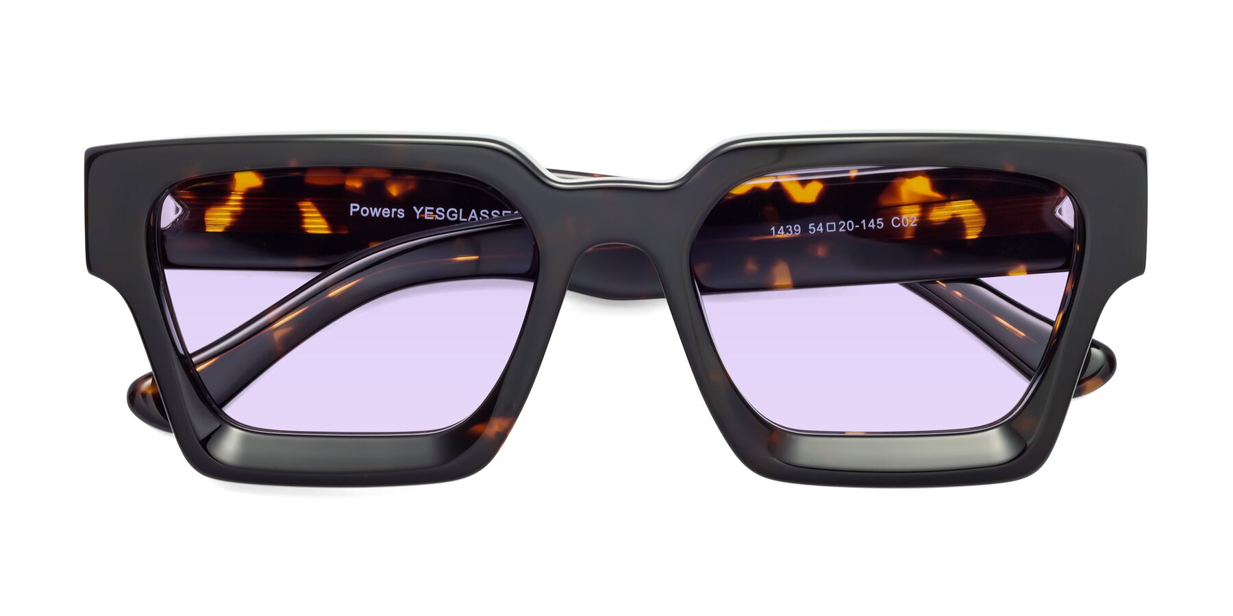 Folded Front of Powers in Tortoise with Light Purple Tinted Lenses