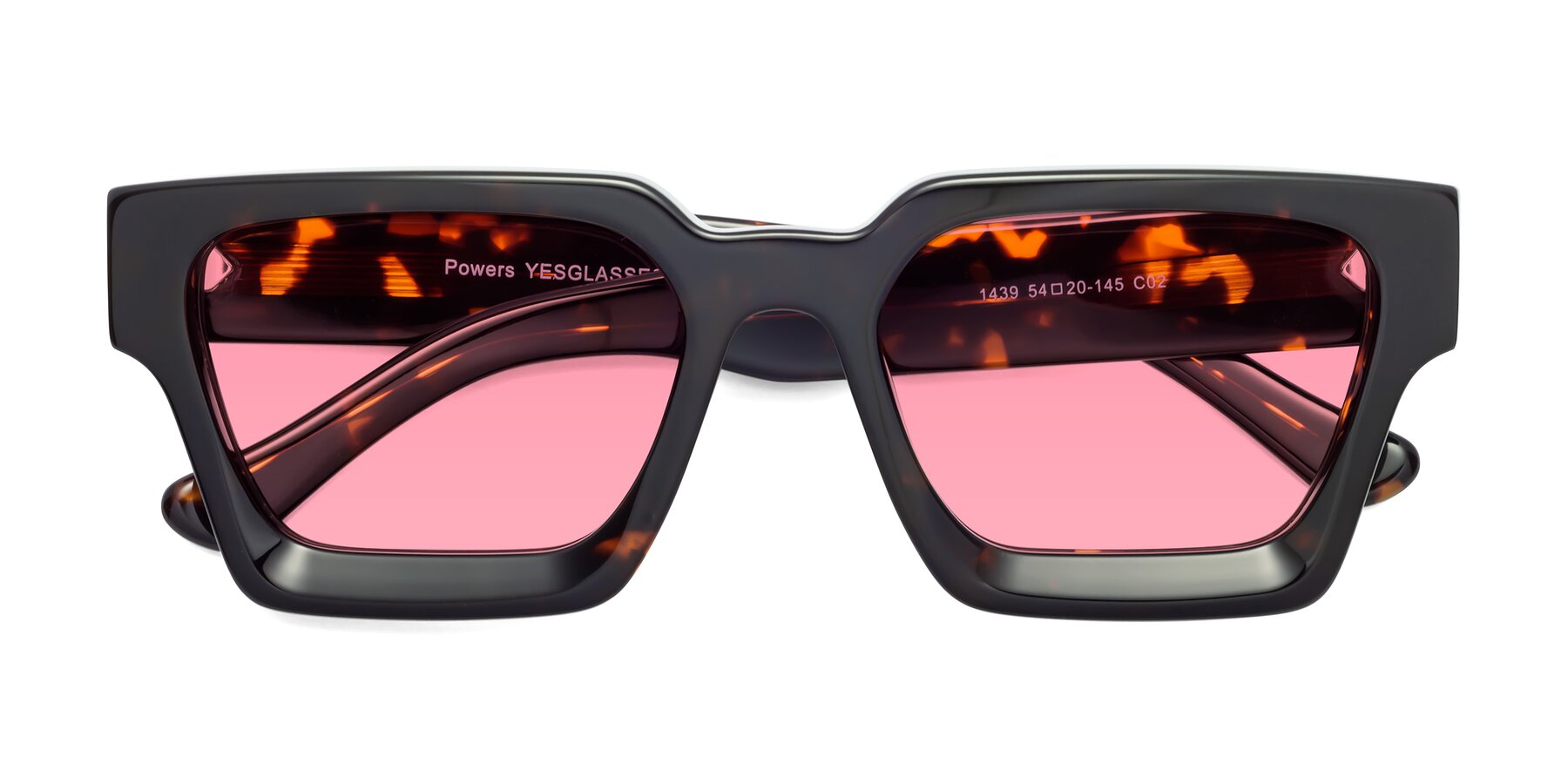 Folded Front of Powers in Tortoise with Pink Tinted Lenses