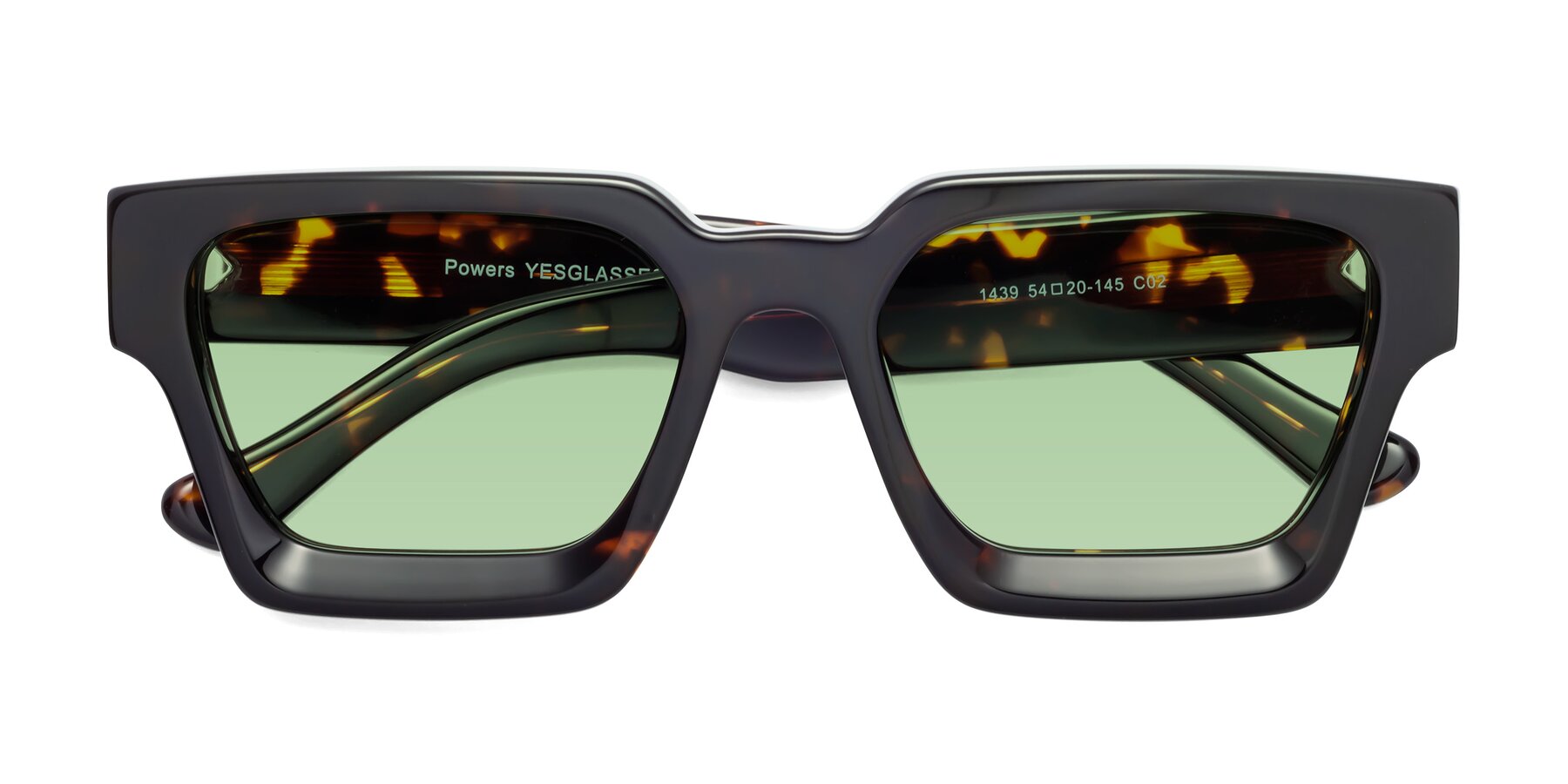 Folded Front of Powers in Tortoise with Medium Green Tinted Lenses