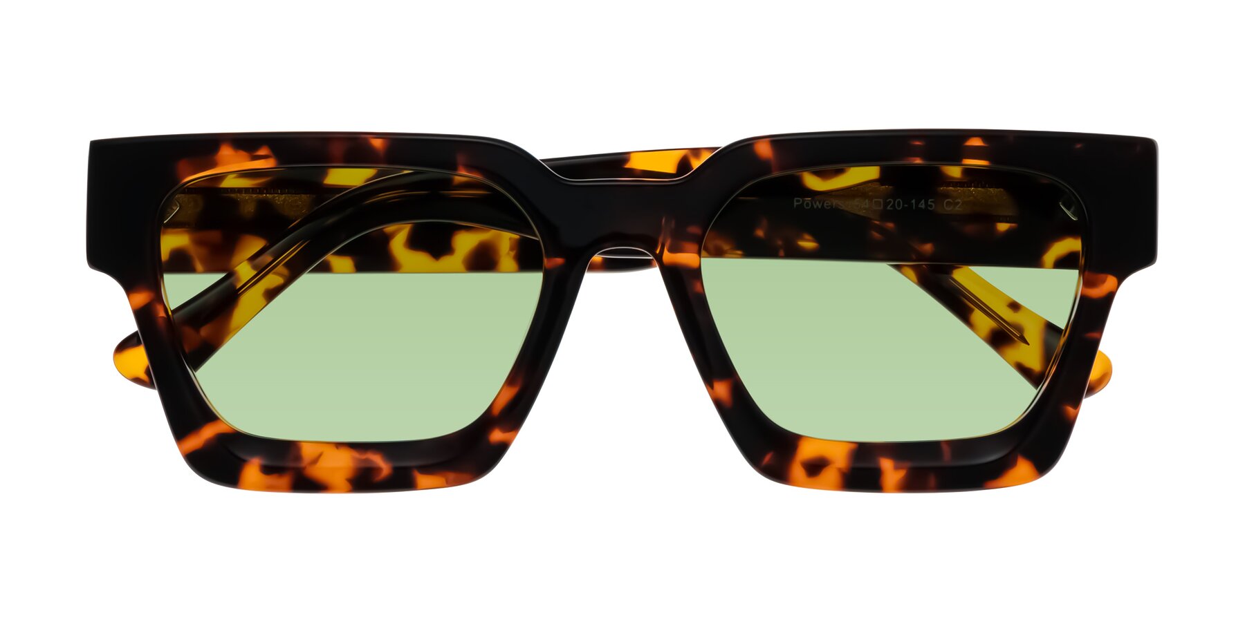 Folded Front of Powers in Tortoise with Medium Green Tinted Lenses