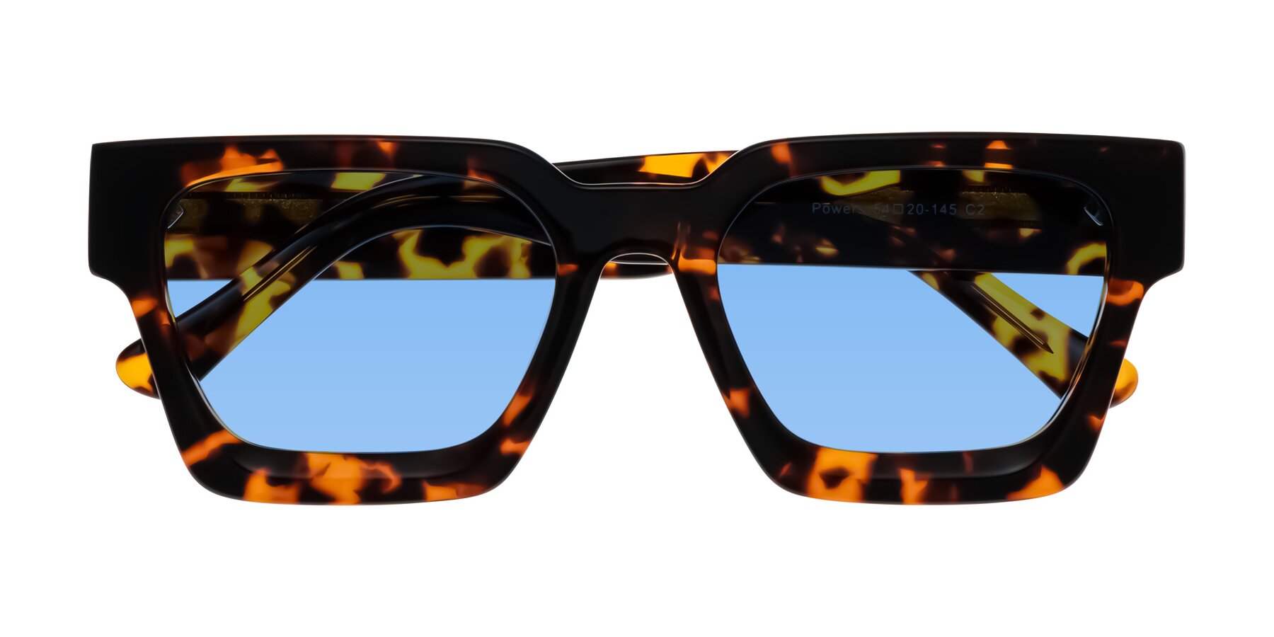 Folded Front of Powers in Tortoise with Medium Blue Tinted Lenses