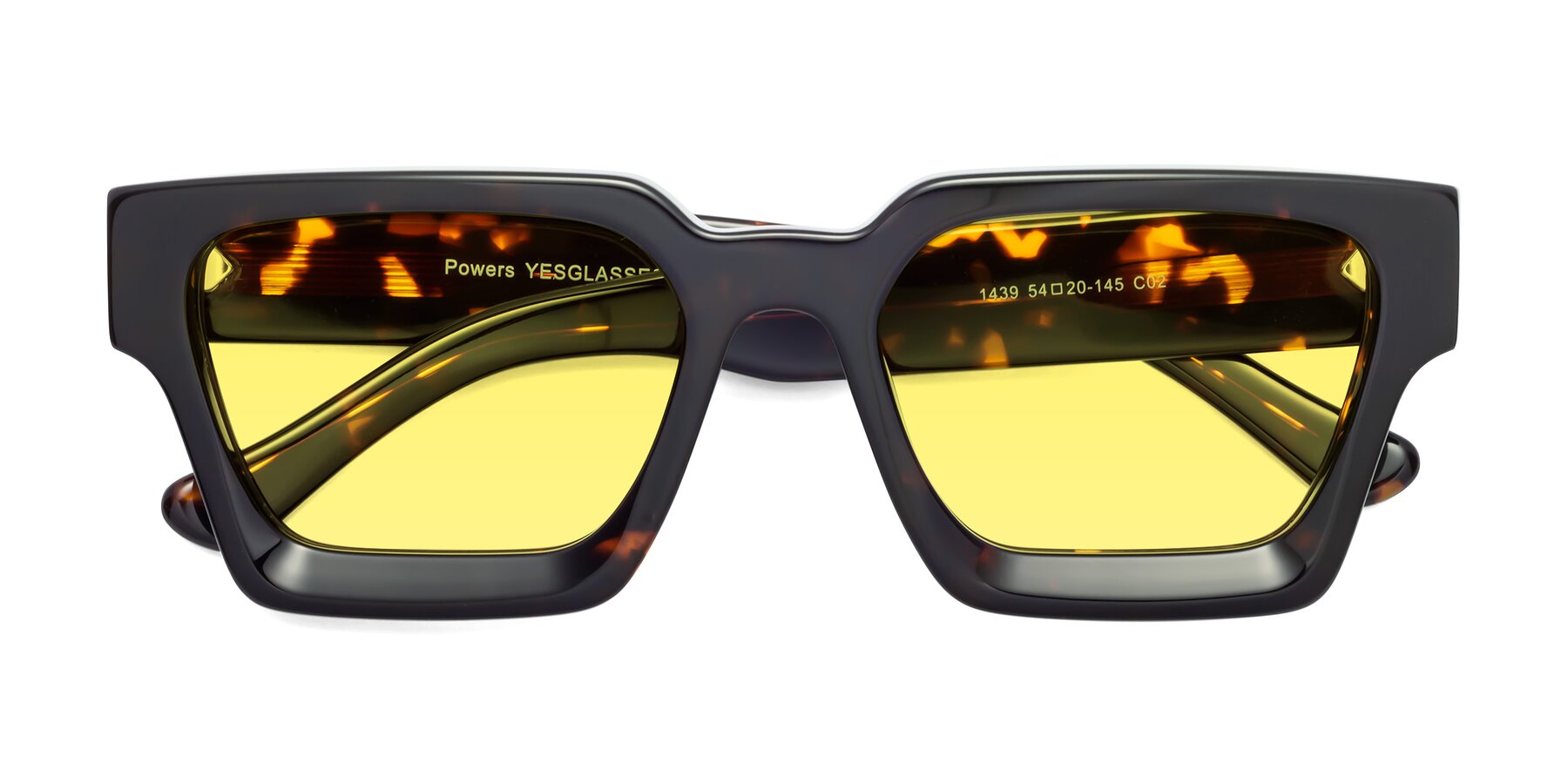 Folded Front of Powers in Tortoise with Medium Yellow Tinted Lenses
