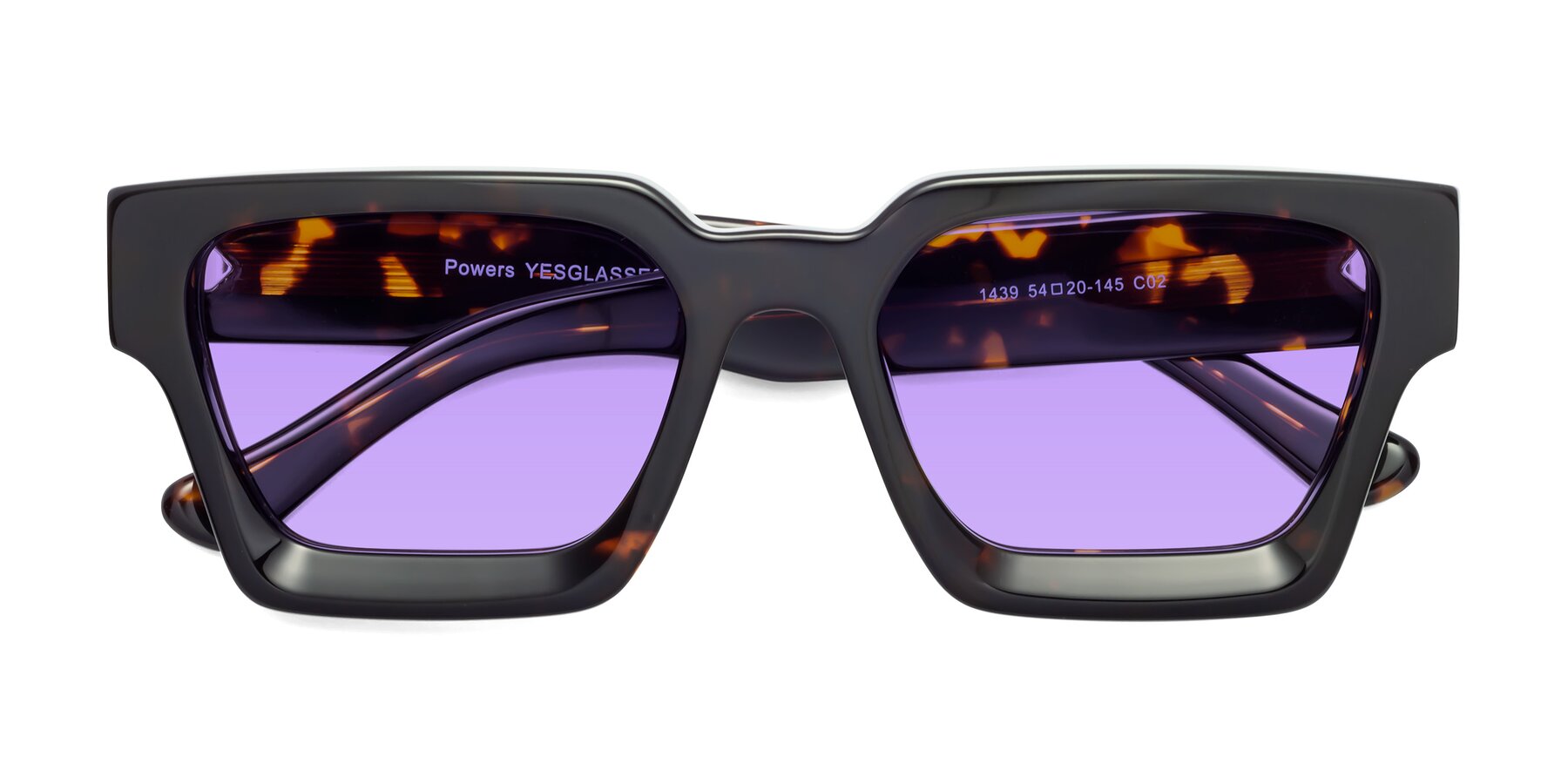 Folded Front of Powers in Tortoise with Medium Purple Tinted Lenses