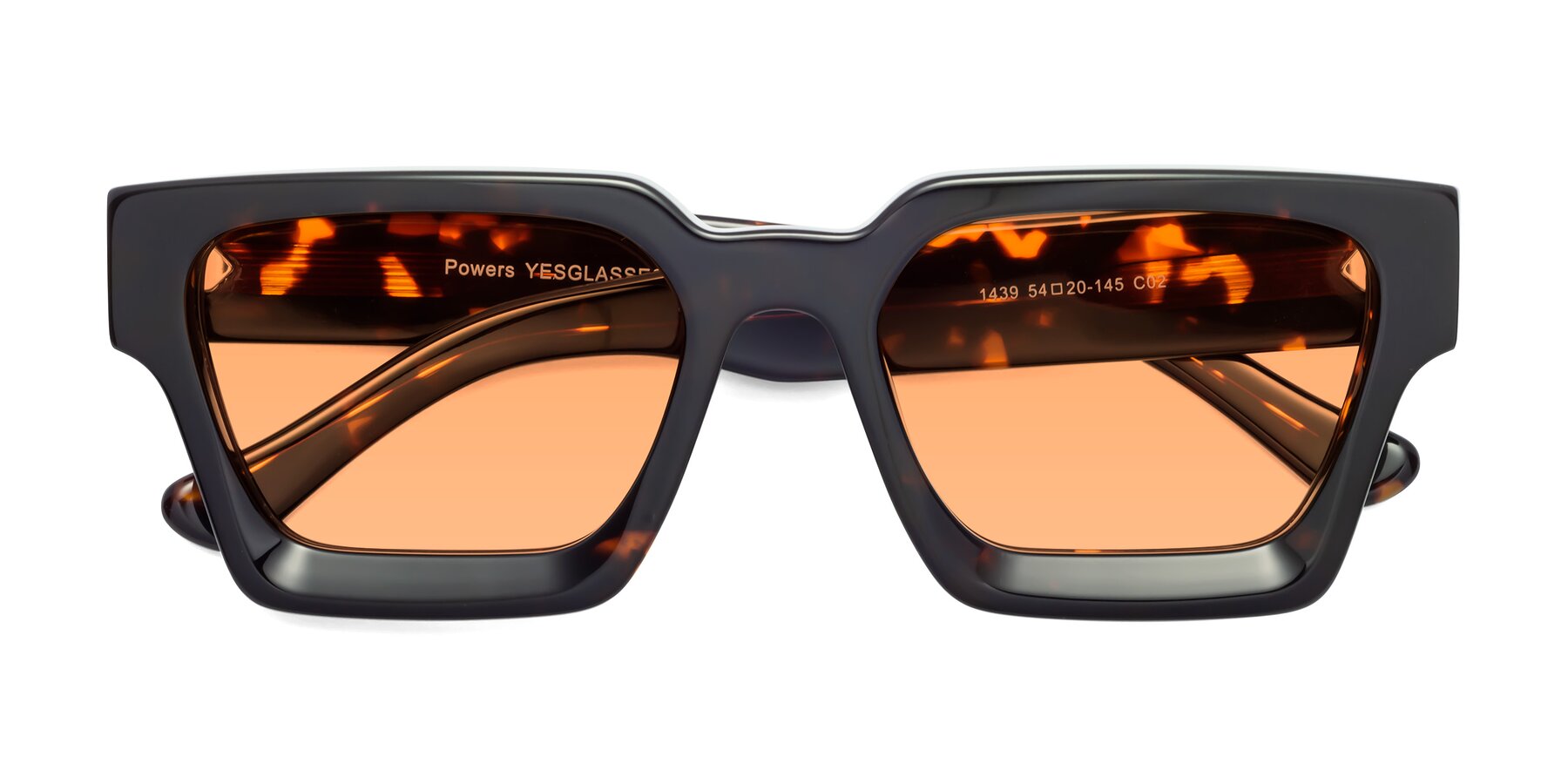 Folded Front of Powers in Tortoise with Medium Orange Tinted Lenses
