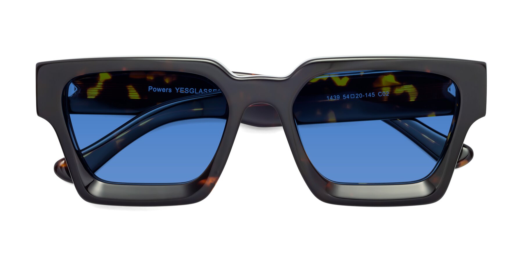 Folded Front of Powers in Tortoise with Blue Tinted Lenses