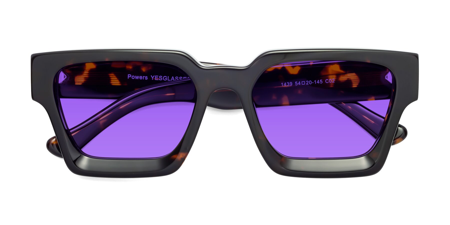 Folded Front of Powers in Tortoise with Purple Tinted Lenses