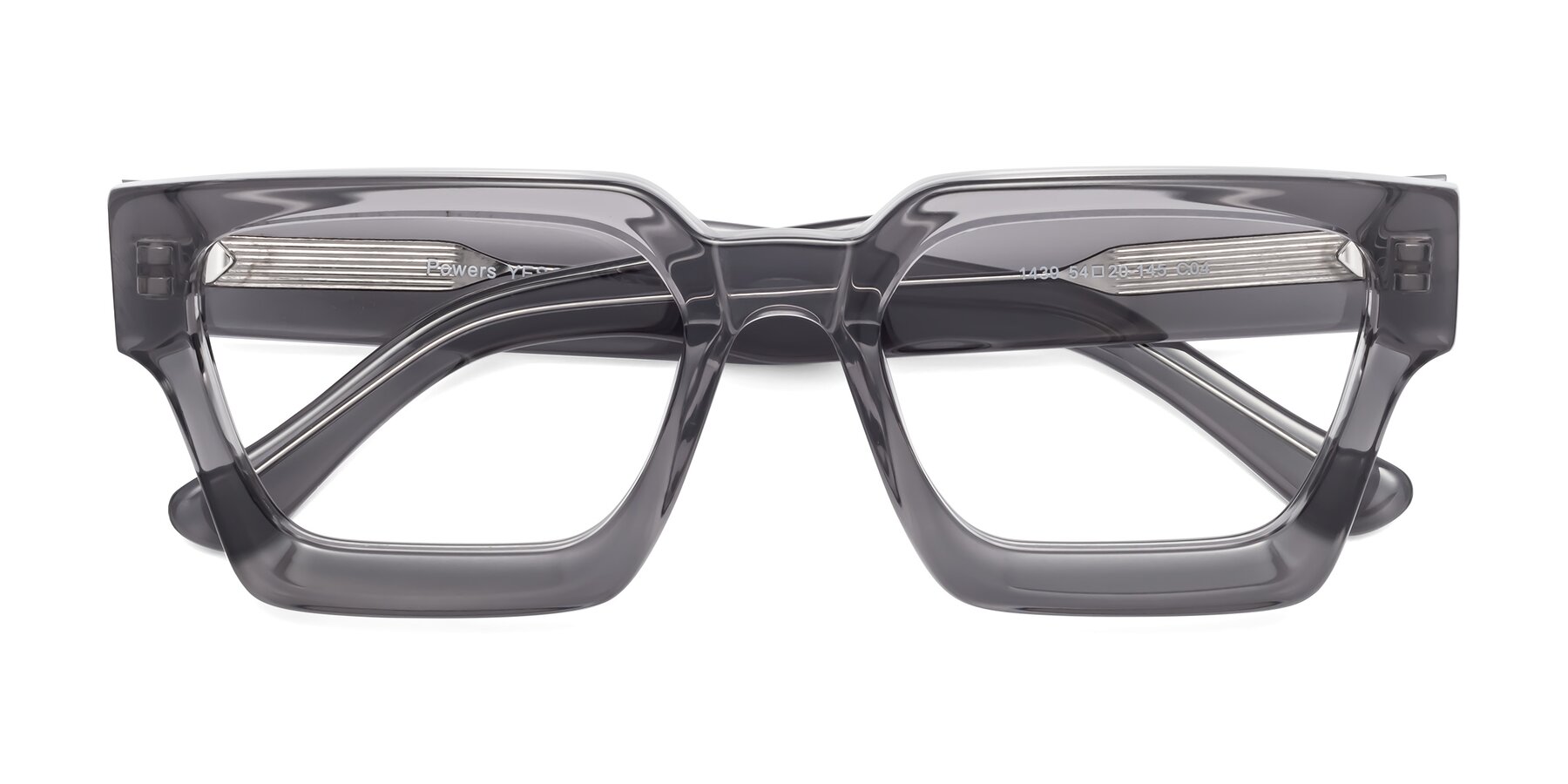 Folded Front of Powers in Translucent Gray with Clear Reading Eyeglass Lenses