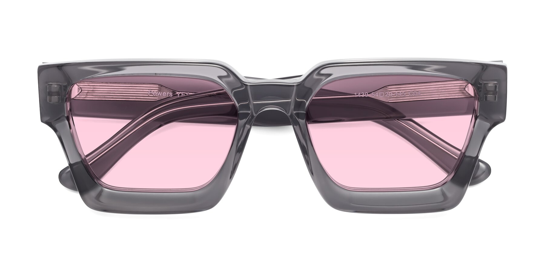 Folded Front of Powers in Translucent Gray with Light Pink Tinted Lenses