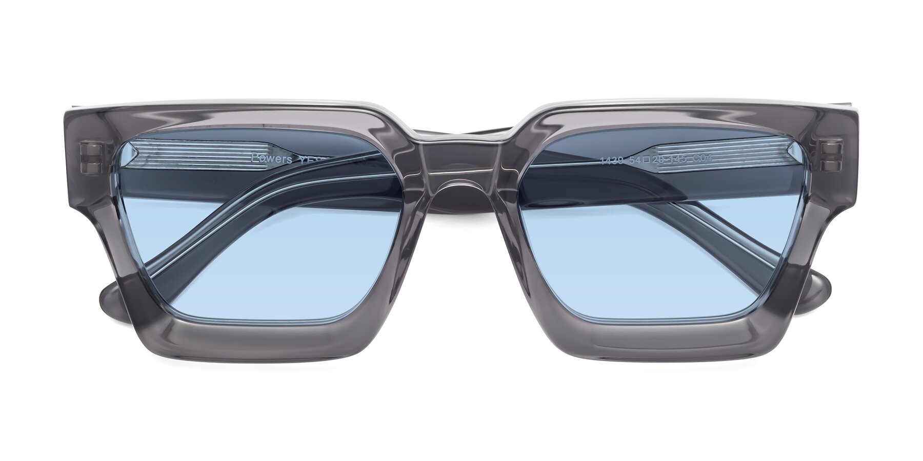 Folded Front of Powers in Translucent Gray with Light Blue Tinted Lenses