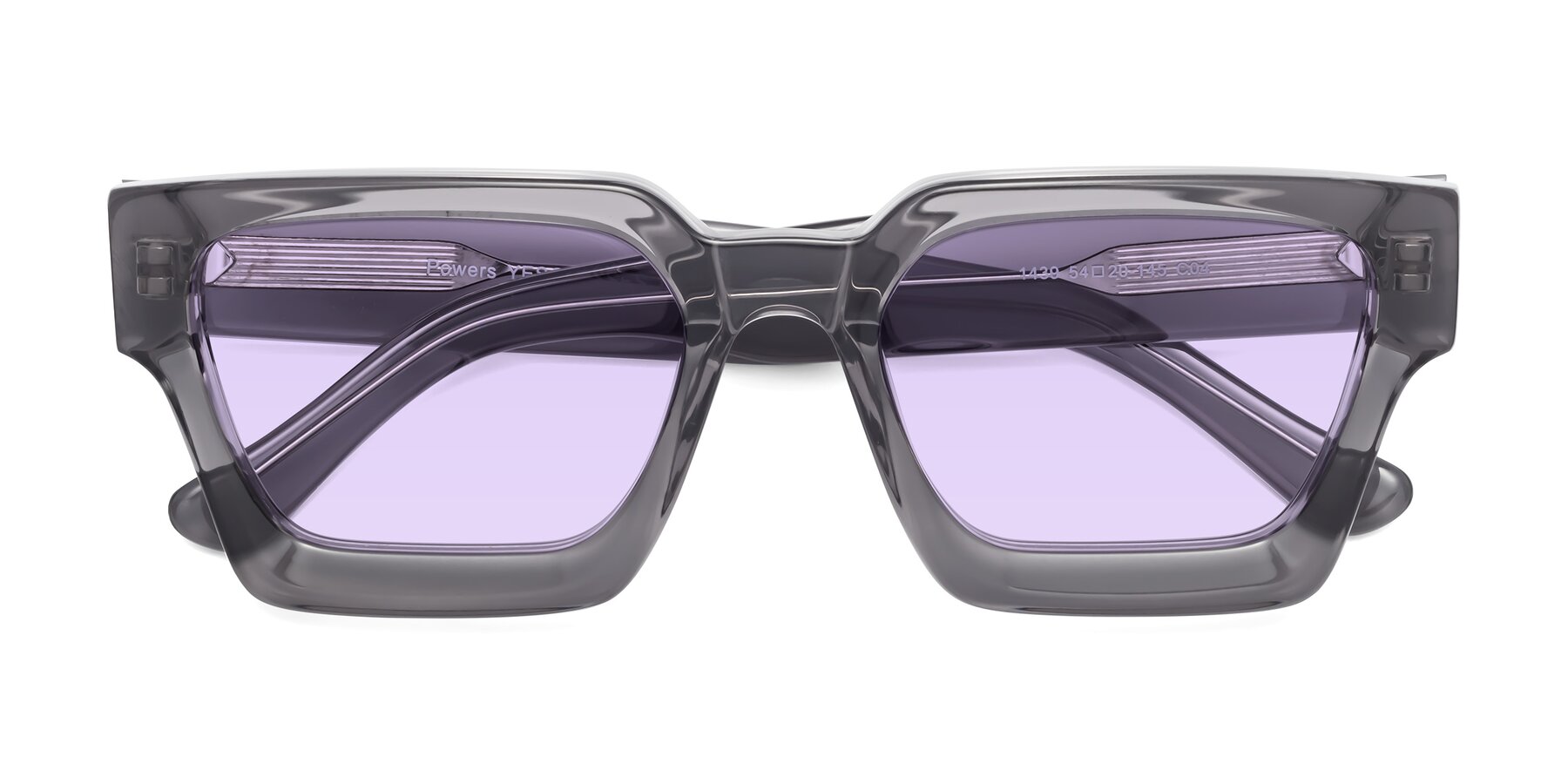 Folded Front of Powers in Translucent Gray with Light Purple Tinted Lenses