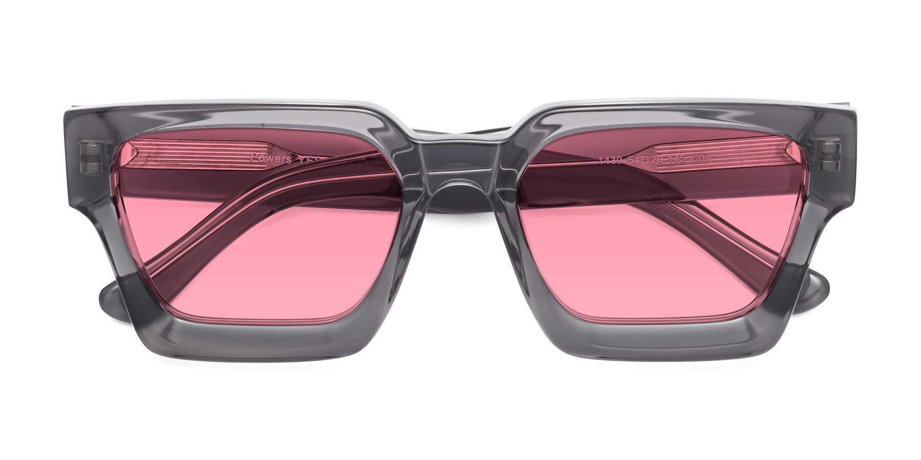 Folded Front of Powers in Translucent Gray with Pink Tinted Lenses