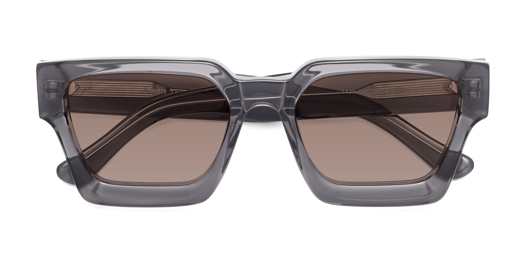 Folded Front of Powers in Translucent Gray with Medium Brown Tinted Lenses