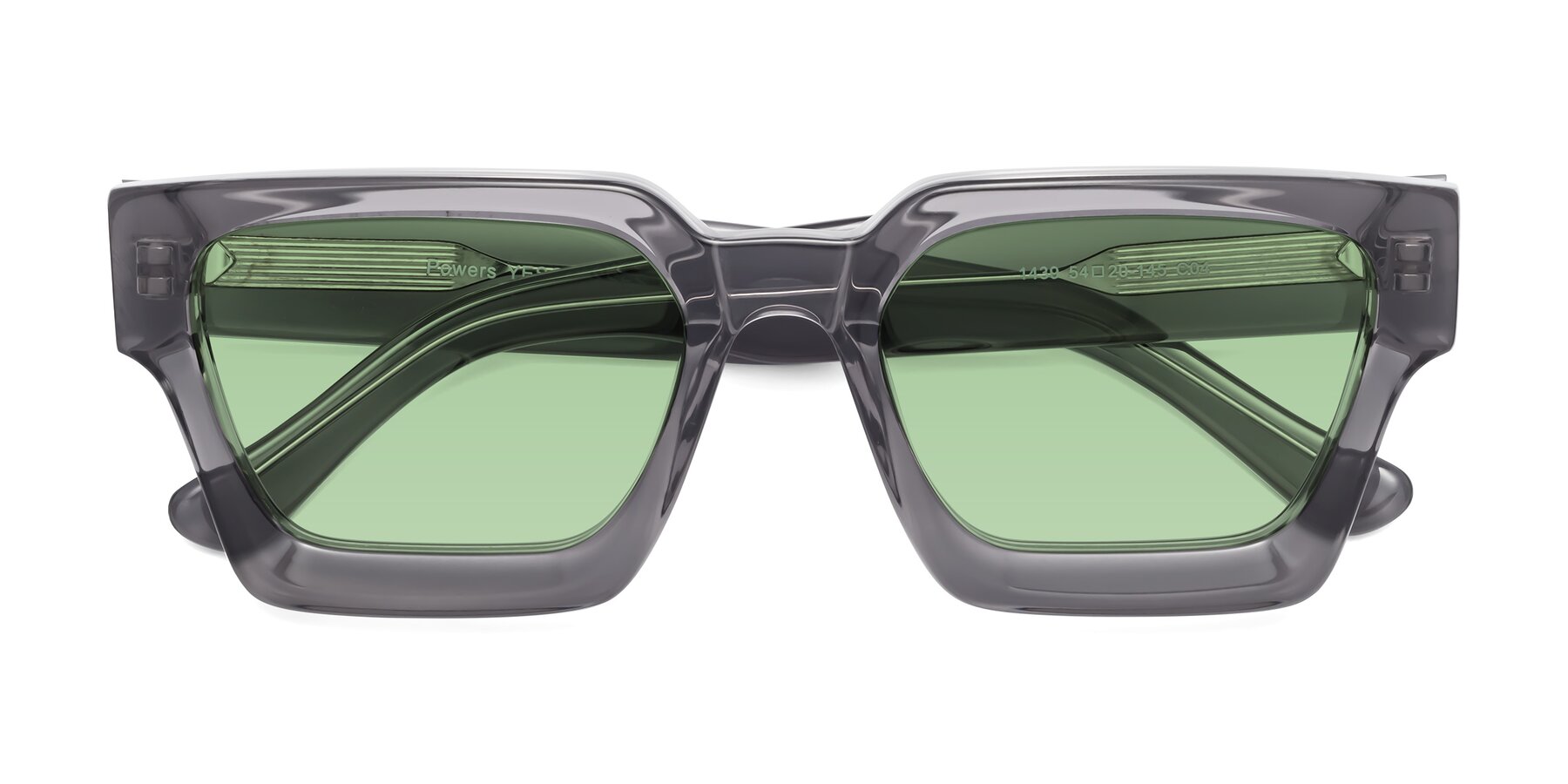 Folded Front of Powers in Translucent Gray with Medium Green Tinted Lenses