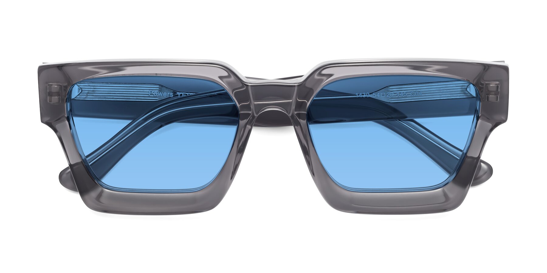 Folded Front of Powers in Translucent Gray with Medium Blue Tinted Lenses