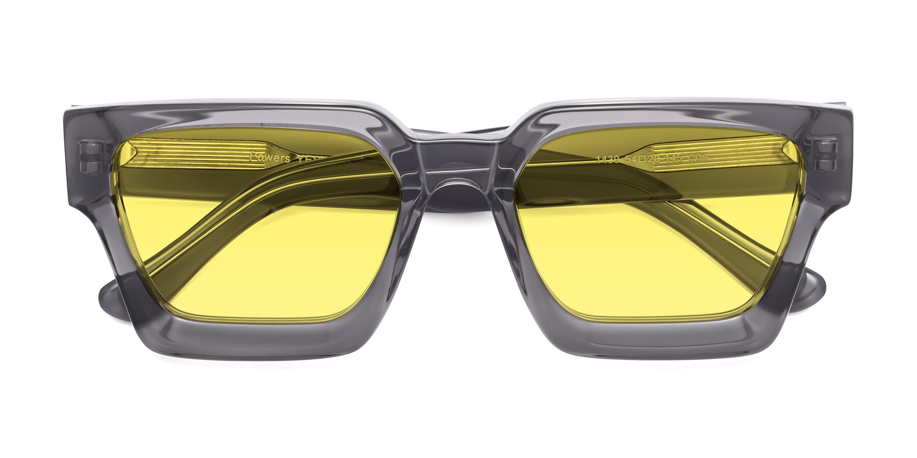 Folded Front of Powers in Translucent Gray with Medium Yellow Tinted Lenses