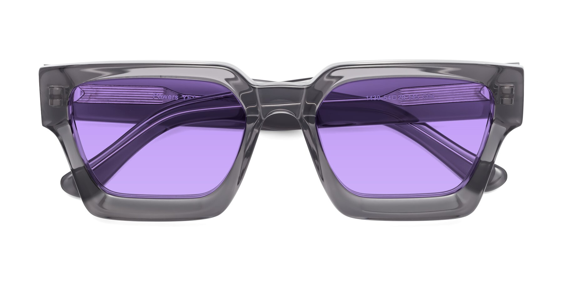 Folded Front of Powers in Translucent Gray with Medium Purple Tinted Lenses