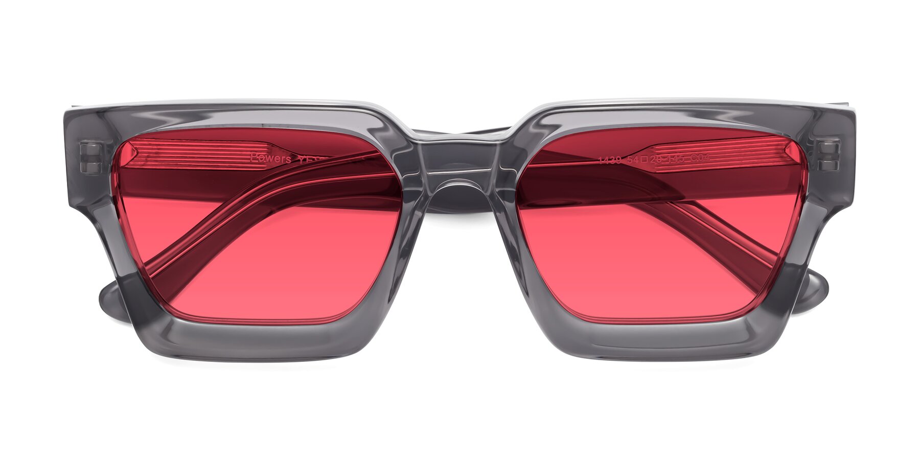 Folded Front of Powers in Translucent Gray with Red Tinted Lenses