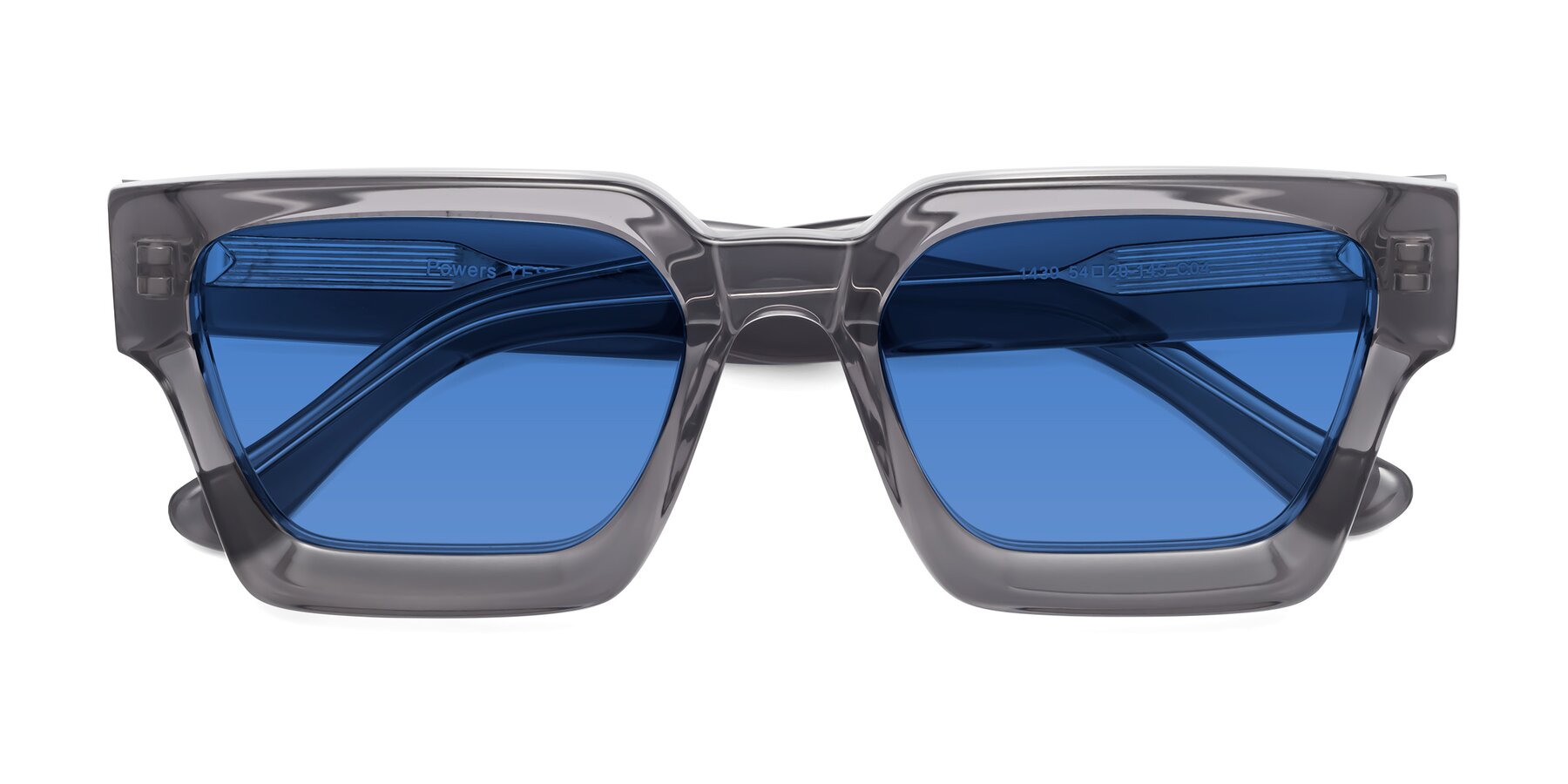 Folded Front of Powers in Translucent Gray with Blue Tinted Lenses