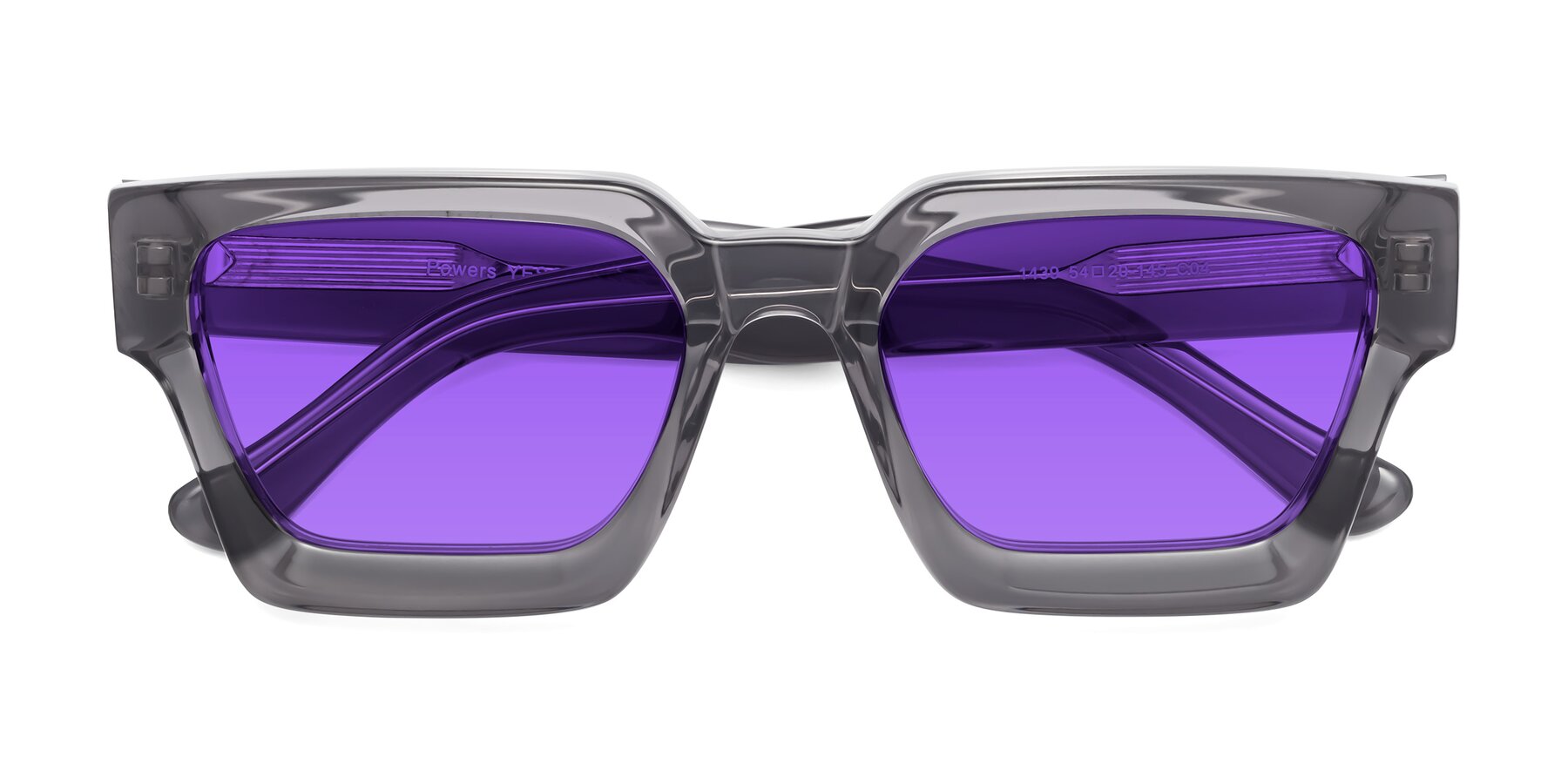 Folded Front of Powers in Translucent Gray with Purple Tinted Lenses