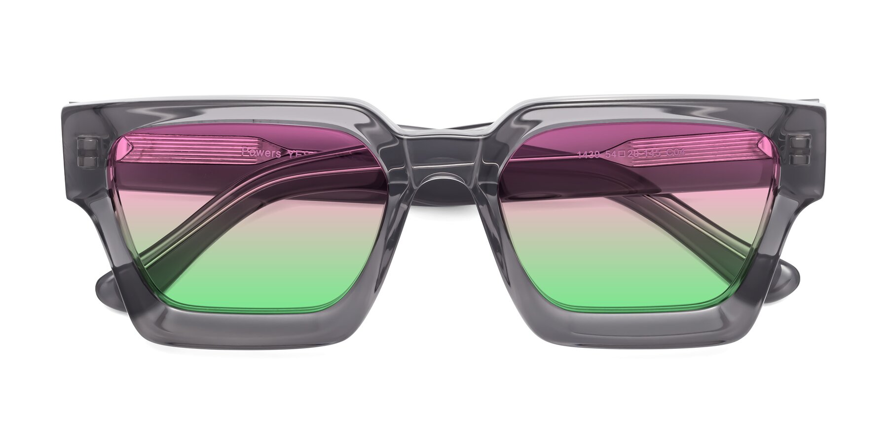 Folded Front of Powers in Translucent Gray with Pink / Green Gradient Lenses