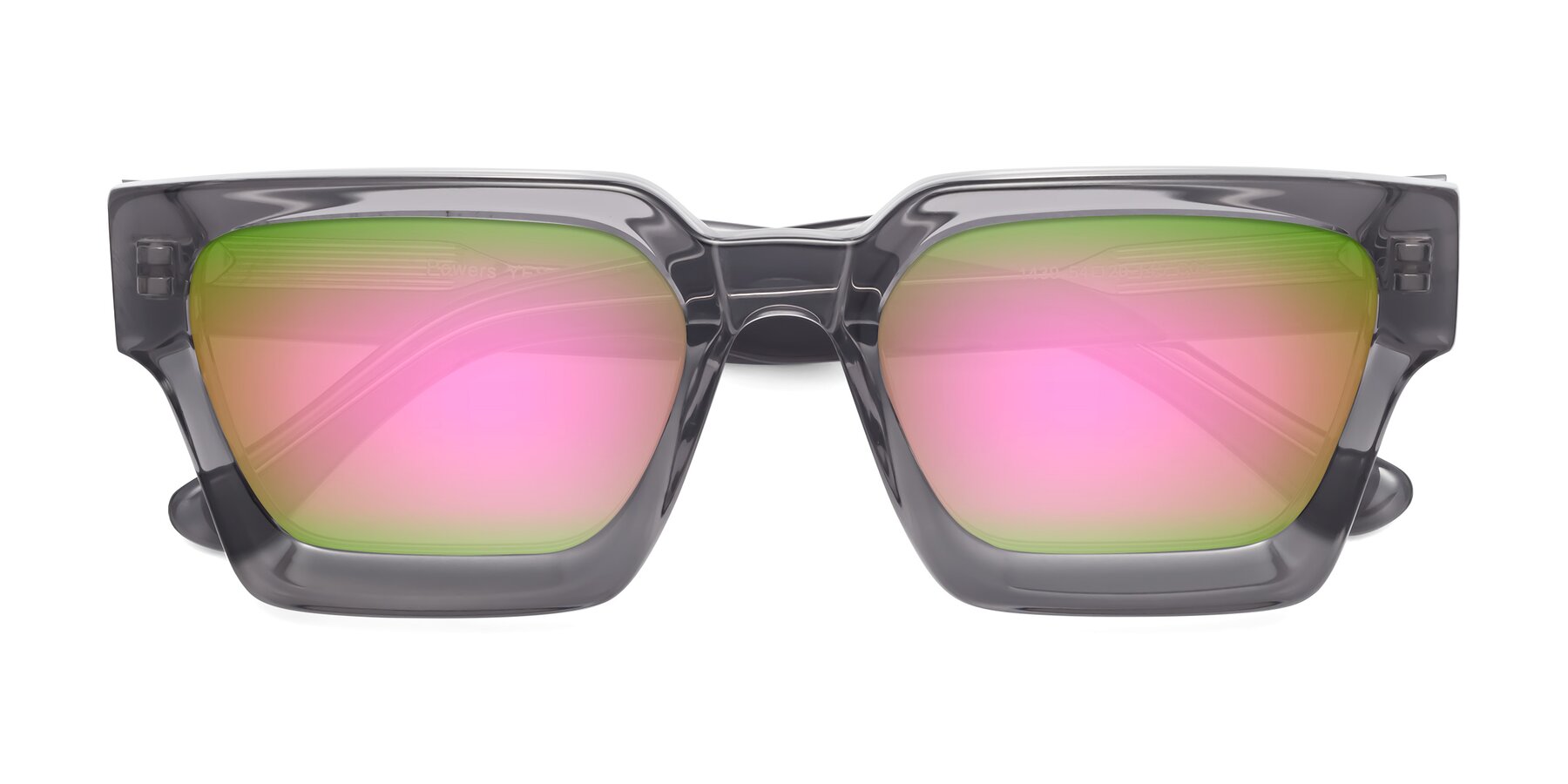Folded Front of Powers in Translucent Gray with Pink Mirrored Lenses