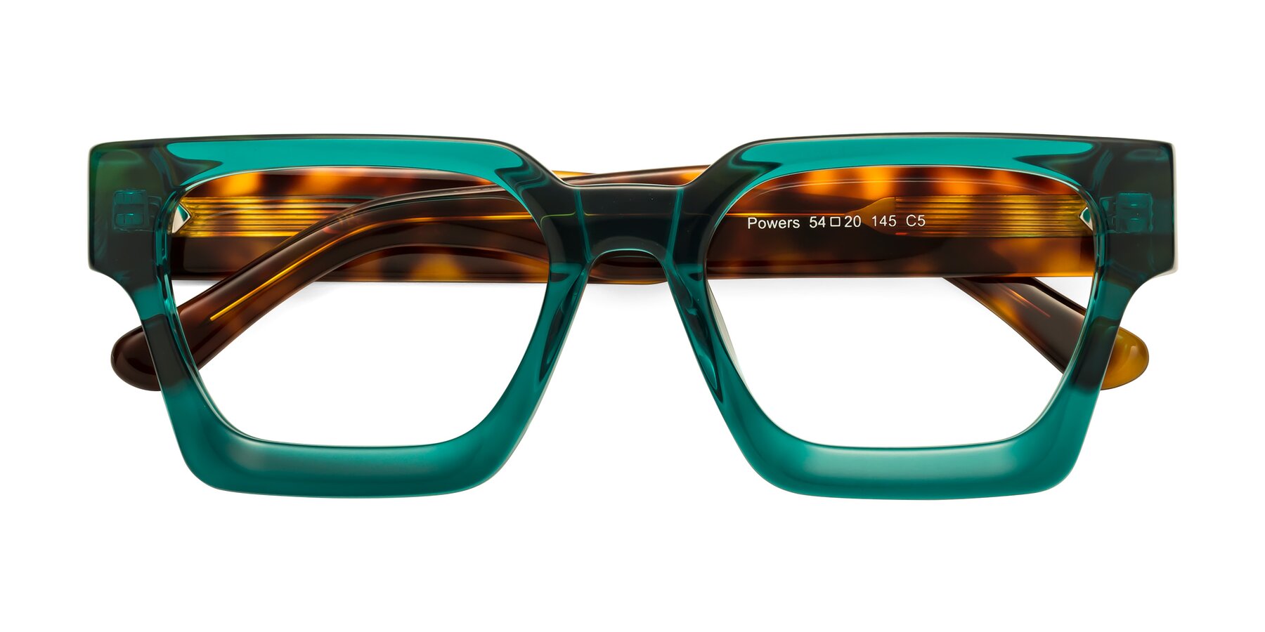 Folded Front of Powers in Green-Tortoise with Clear Blue Light Blocking Lenses