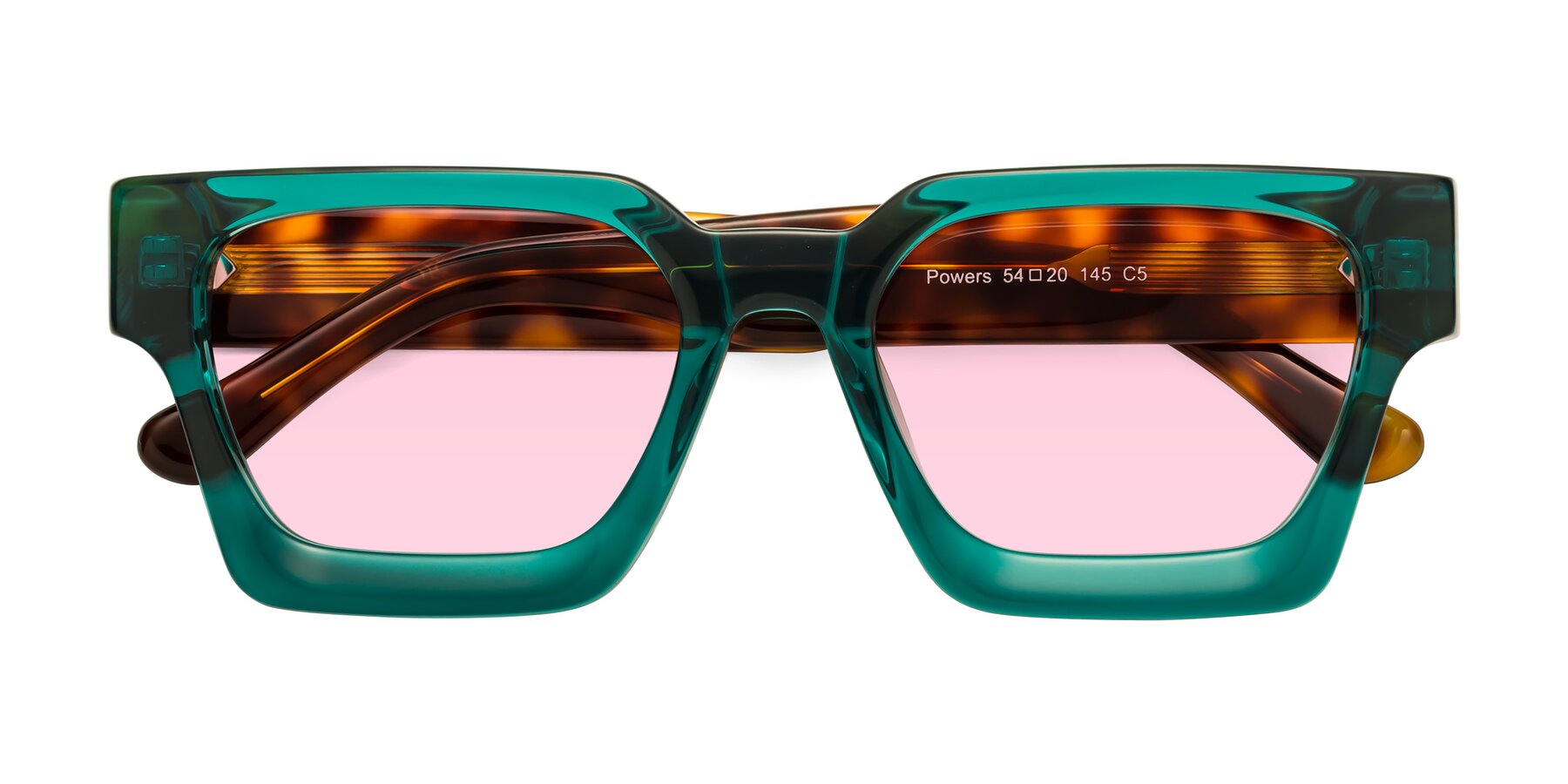 Folded Front of Powers in Green-Tortoise with Light Pink Tinted Lenses