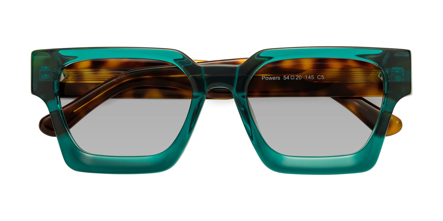 Folded Front of Powers in Green-Tortoise with Light Gray Tinted Lenses