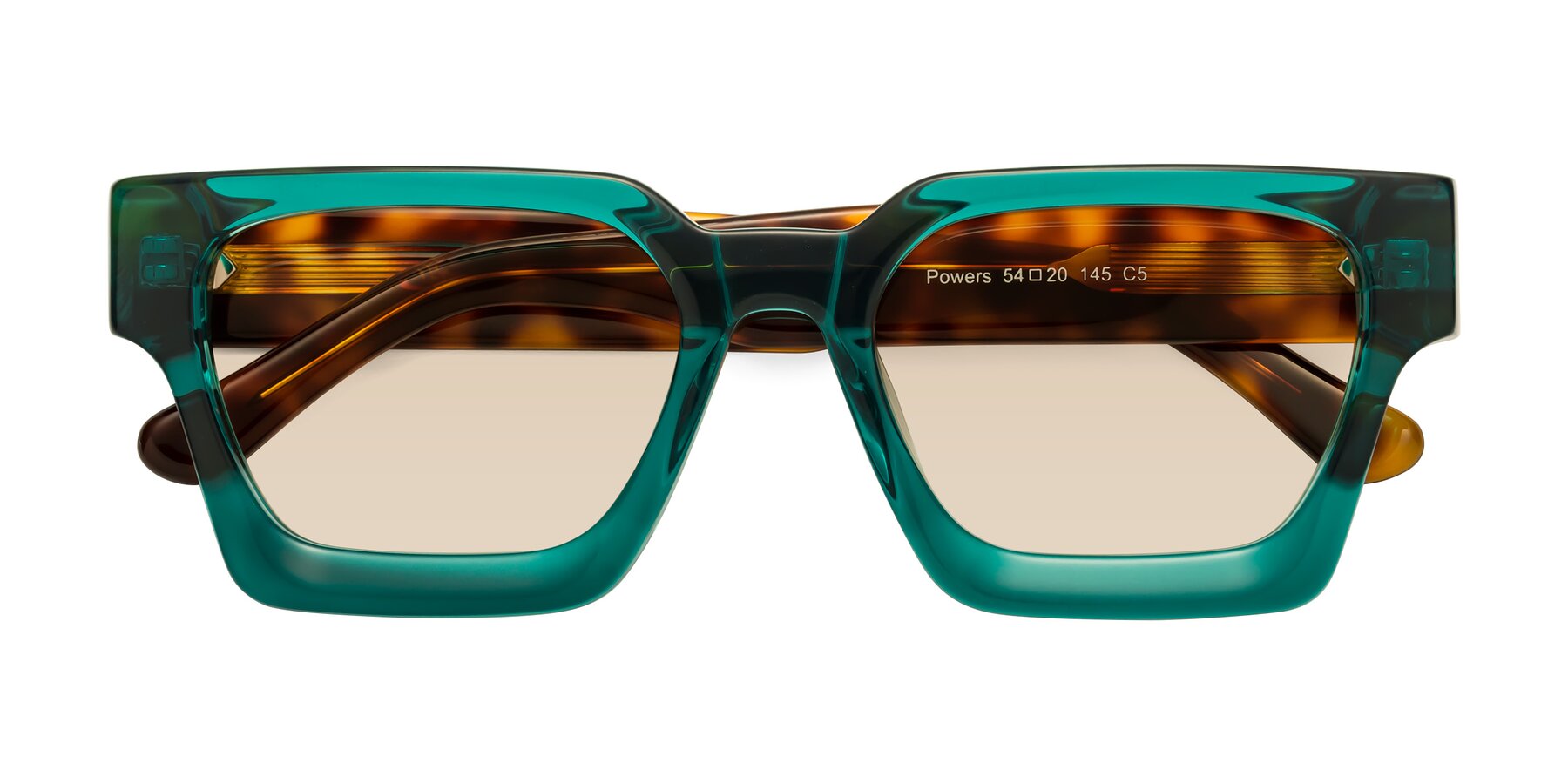 Folded Front of Powers in Green-Tortoise with Light Brown Tinted Lenses