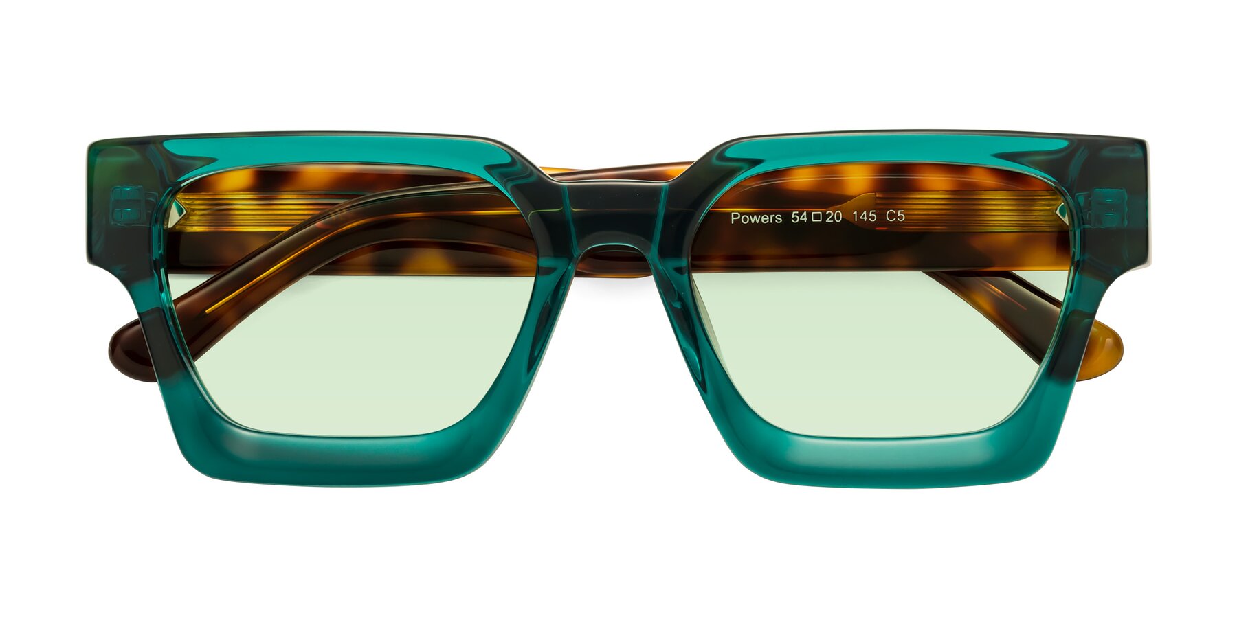 Folded Front of Powers in Green-Tortoise with Light Green Tinted Lenses