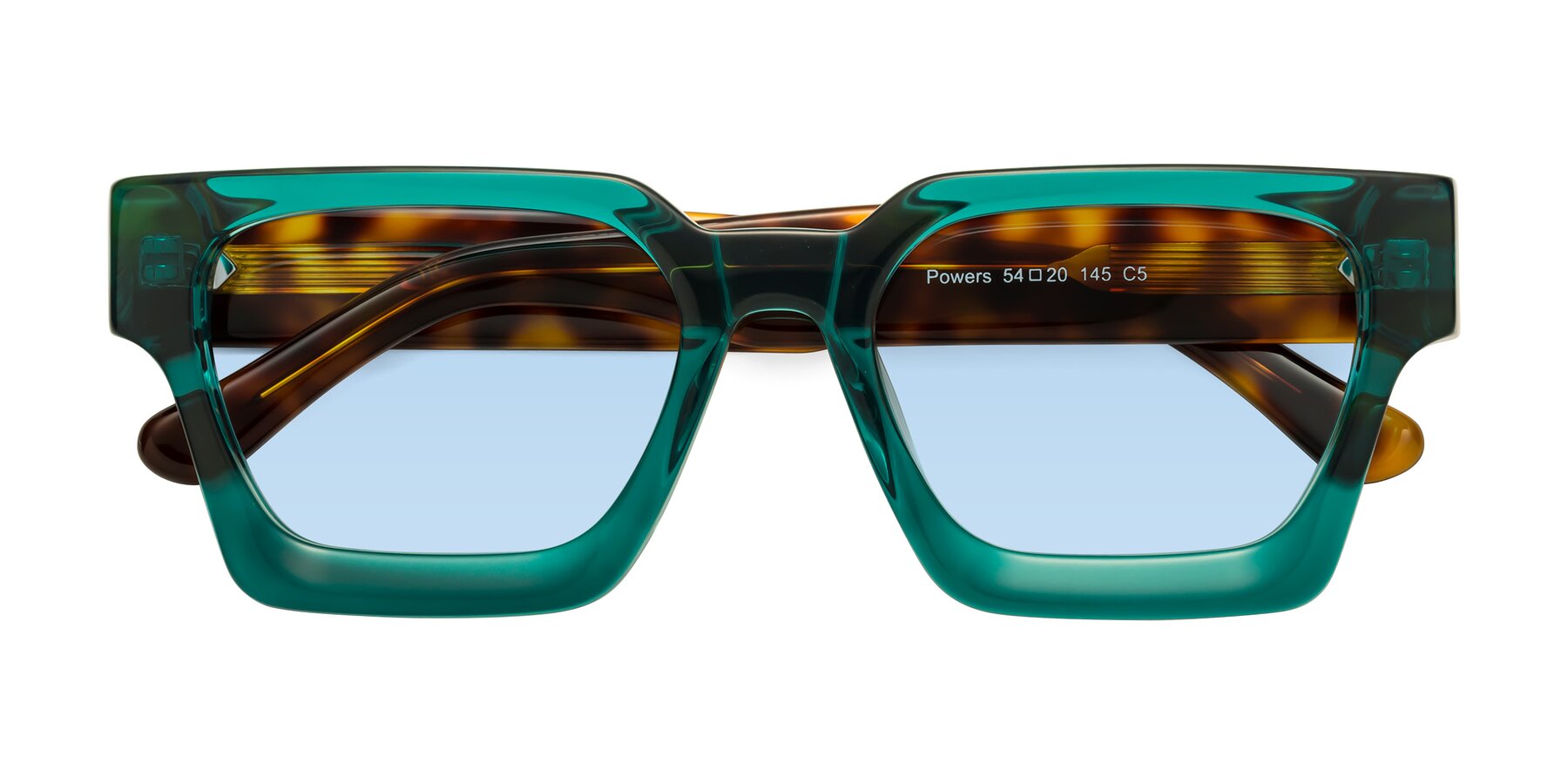 Folded Front of Powers in Green-Tortoise with Light Blue Tinted Lenses