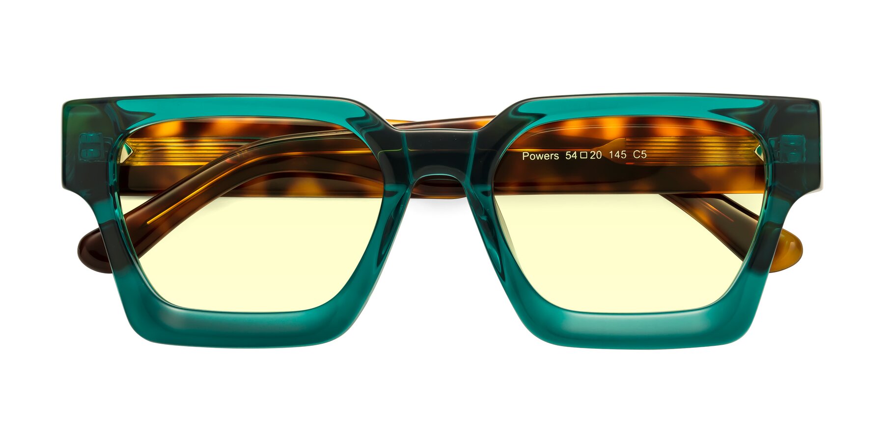 Folded Front of Powers in Green-Tortoise with Light Yellow Tinted Lenses