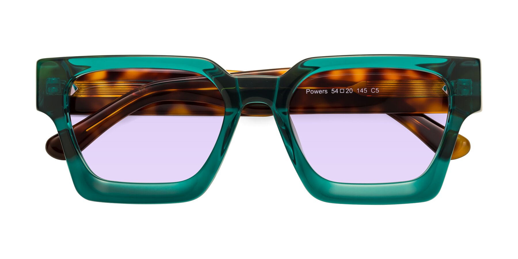 Folded Front of Powers in Green-Tortoise with Light Purple Tinted Lenses