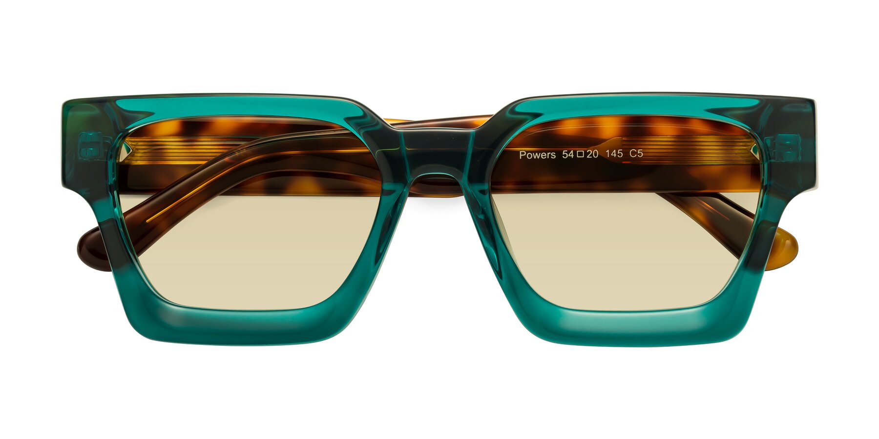 Folded Front of Powers in Green-Tortoise with Light Champagne Tinted Lenses