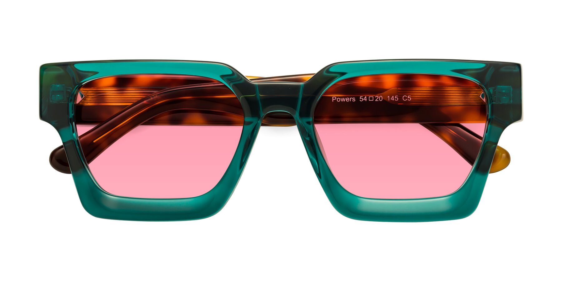 Folded Front of Powers in Green-Tortoise with Pink Tinted Lenses