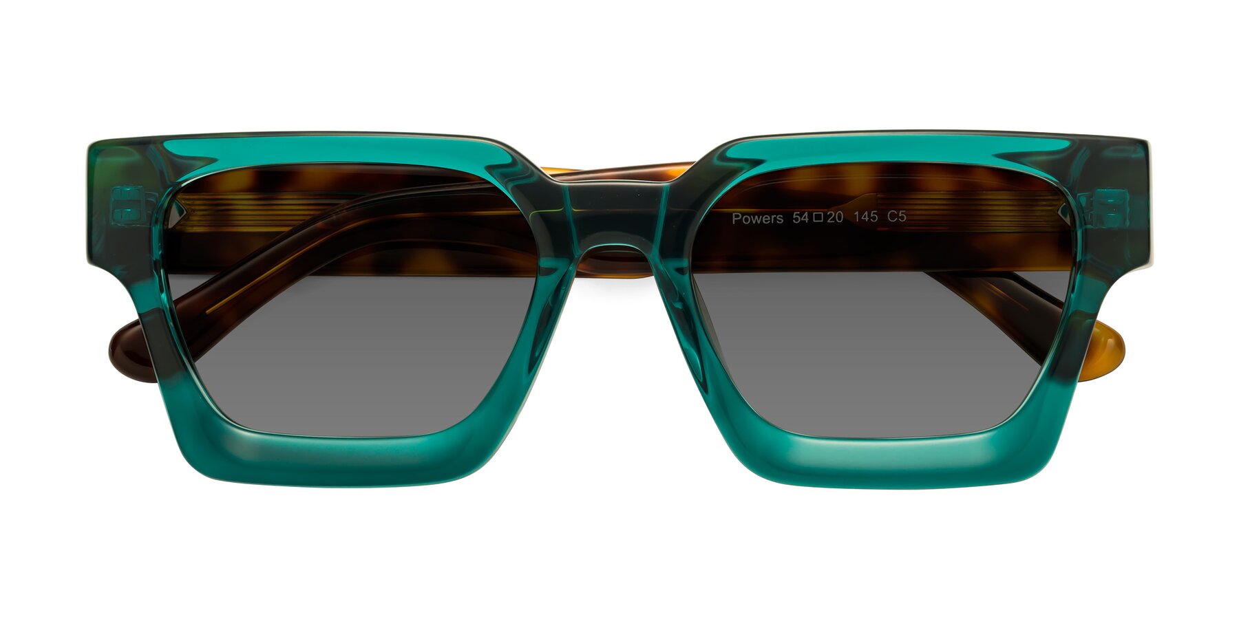 Folded Front of Powers in Green-Tortoise with Medium Gray Tinted Lenses