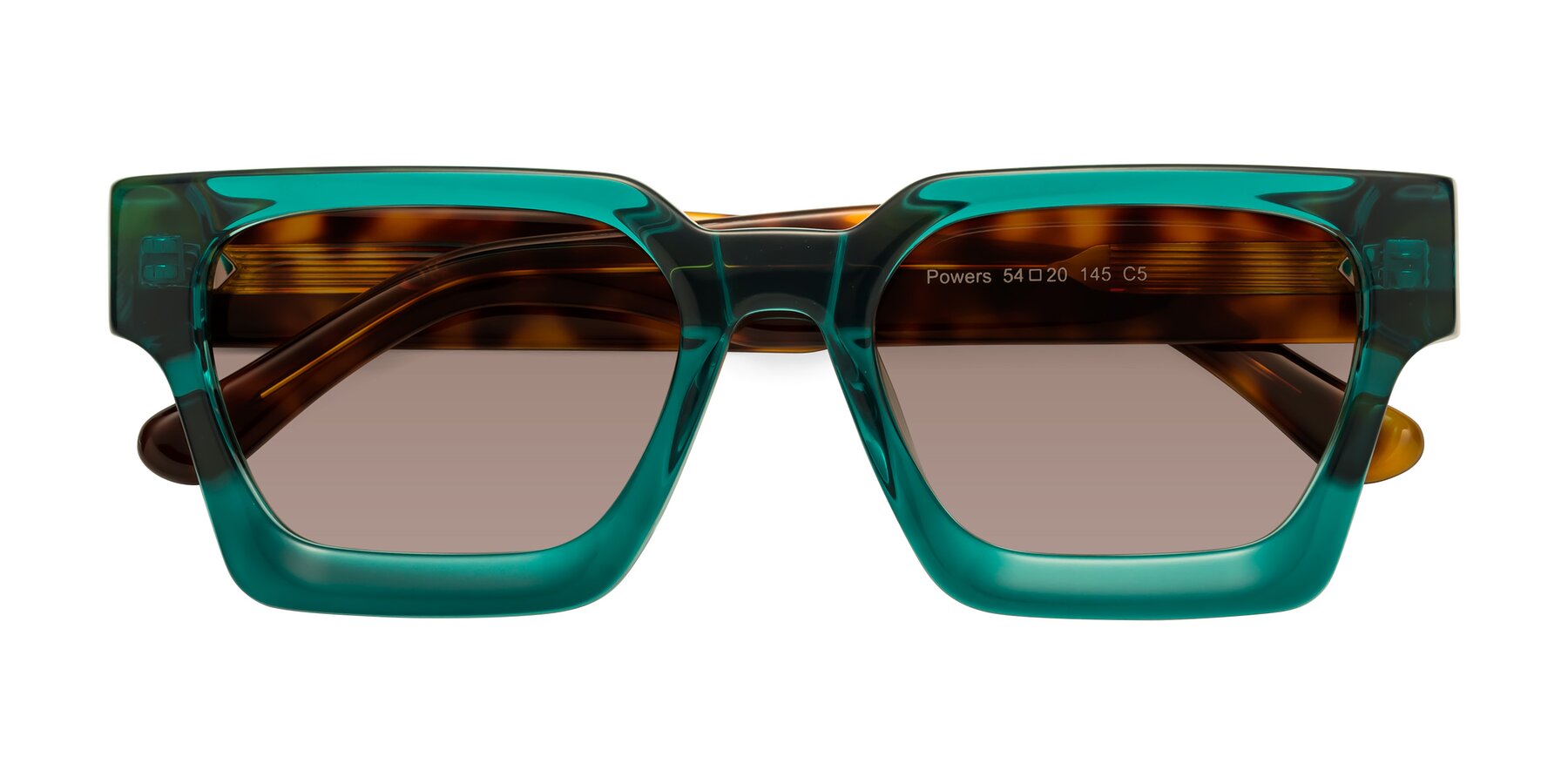 Folded Front of Powers in Green-Tortoise with Medium Brown Tinted Lenses