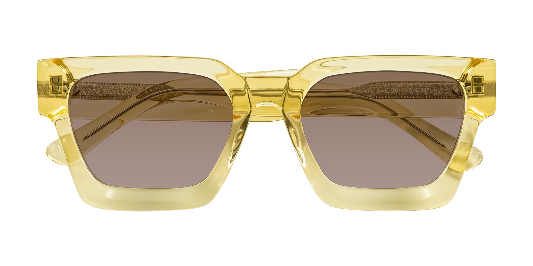 Folded Front of Powers in Light Yellow with Medium Brown Tinted Lenses
