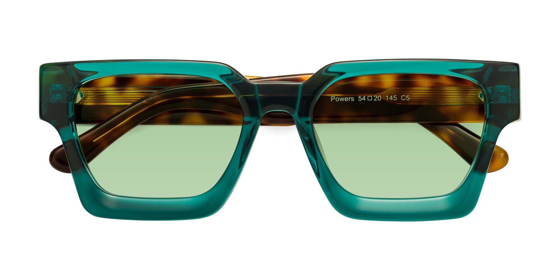 Folded Front of Powers in Green-Tortoise with Medium Green Tinted Lenses