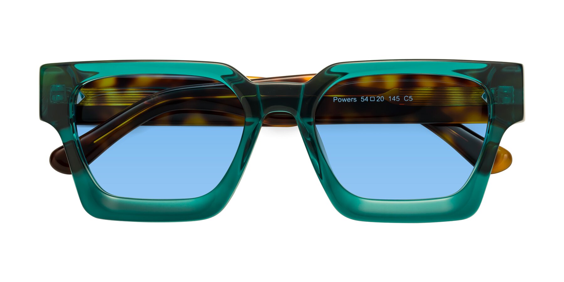 Folded Front of Powers in Green-Tortoise with Medium Blue Tinted Lenses