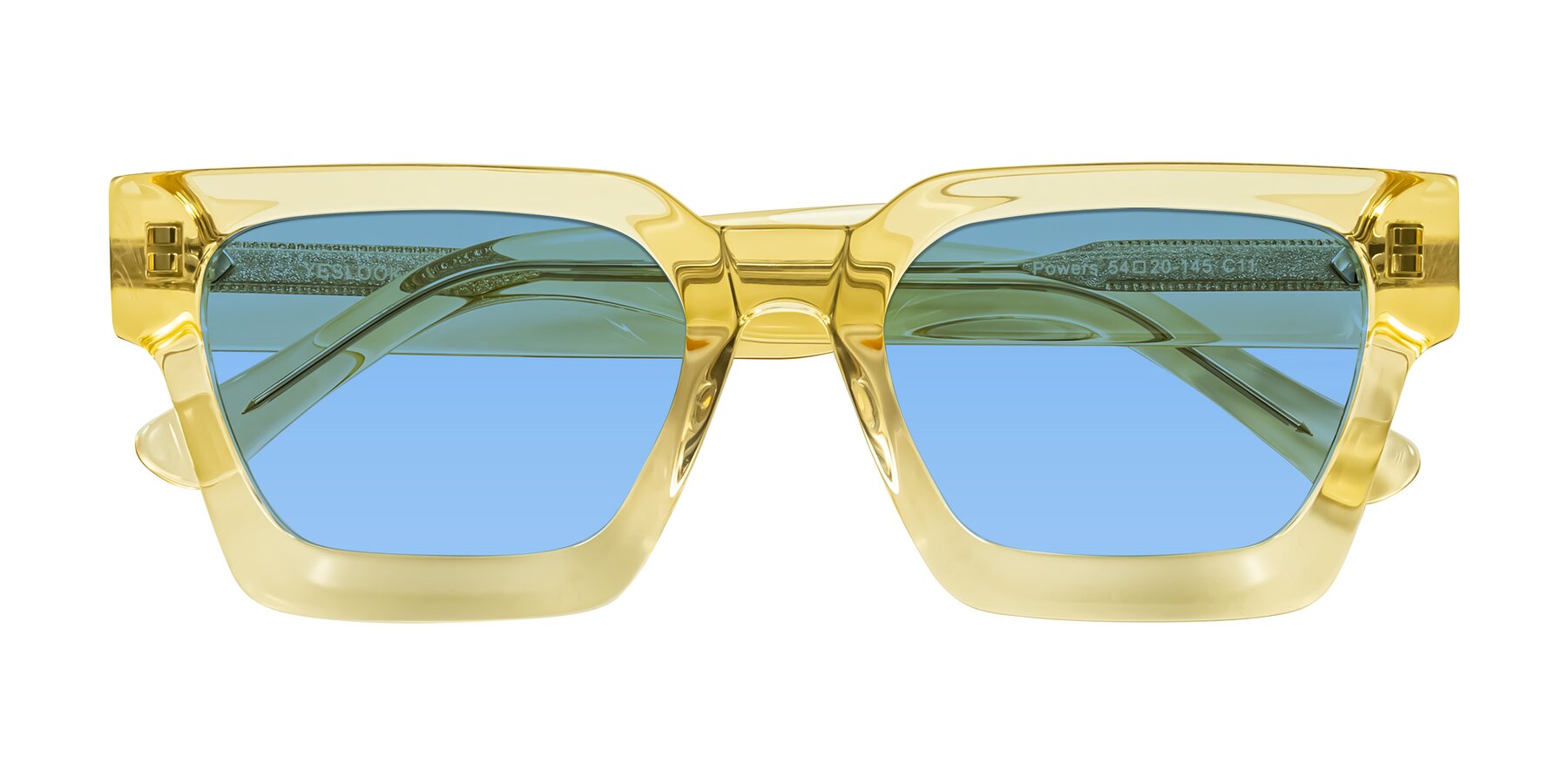 Folded Front of Powers in Light Yellow with Medium Blue Tinted Lenses