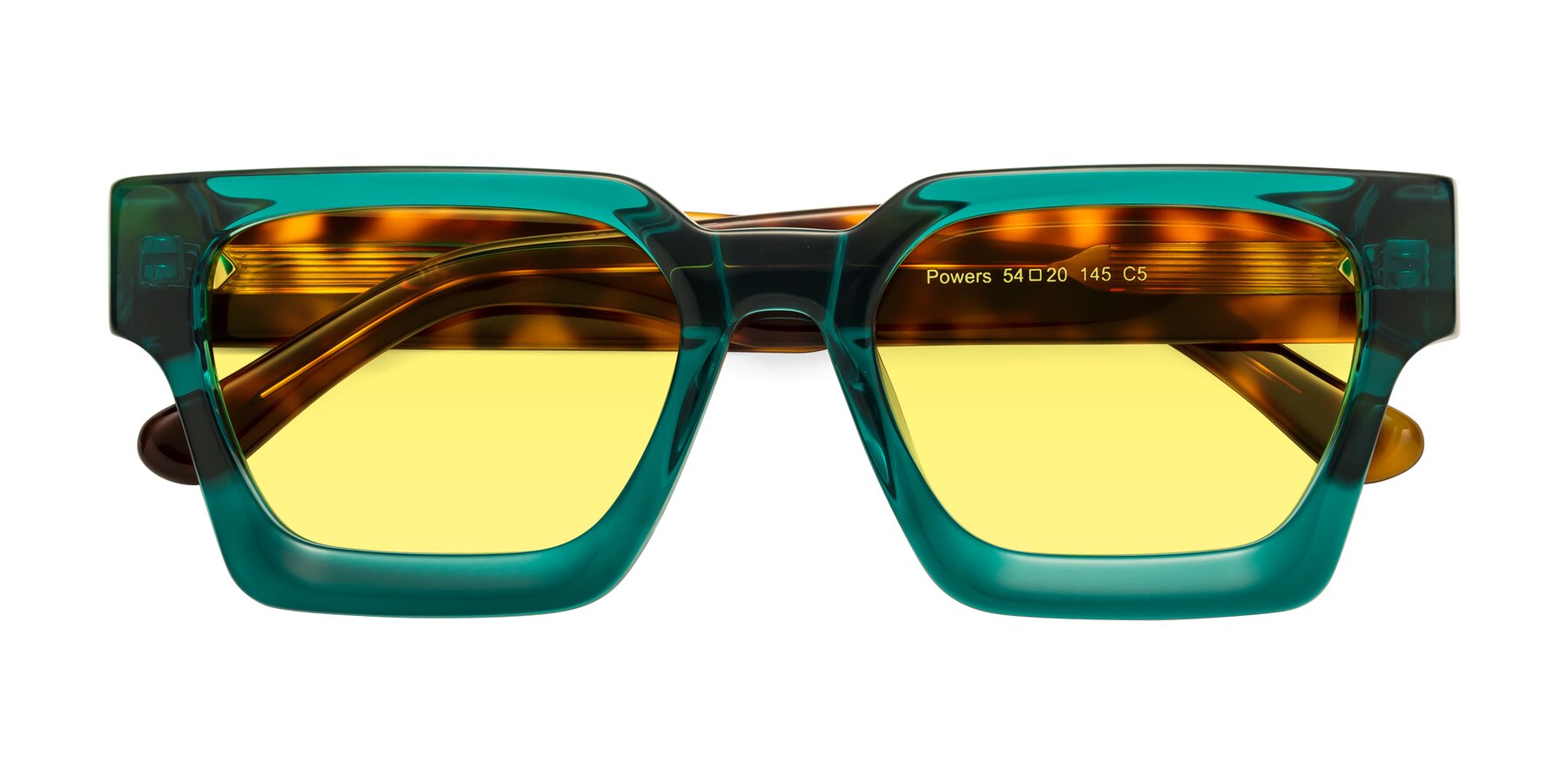 Folded Front of Powers in Green-Tortoise with Medium Yellow Tinted Lenses